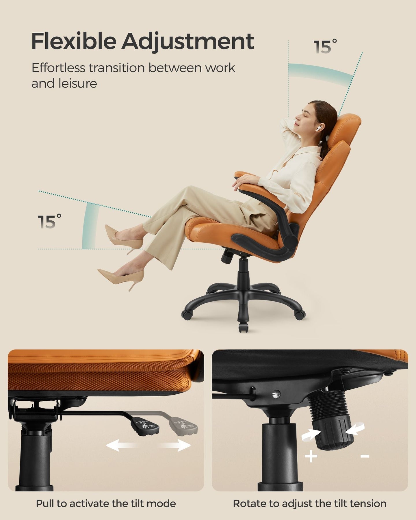 Ergonomic Gaming Chair - PU Leather - Caramel Brown - Height Adjustable with Tilt Function and Flip-Up Armrests
