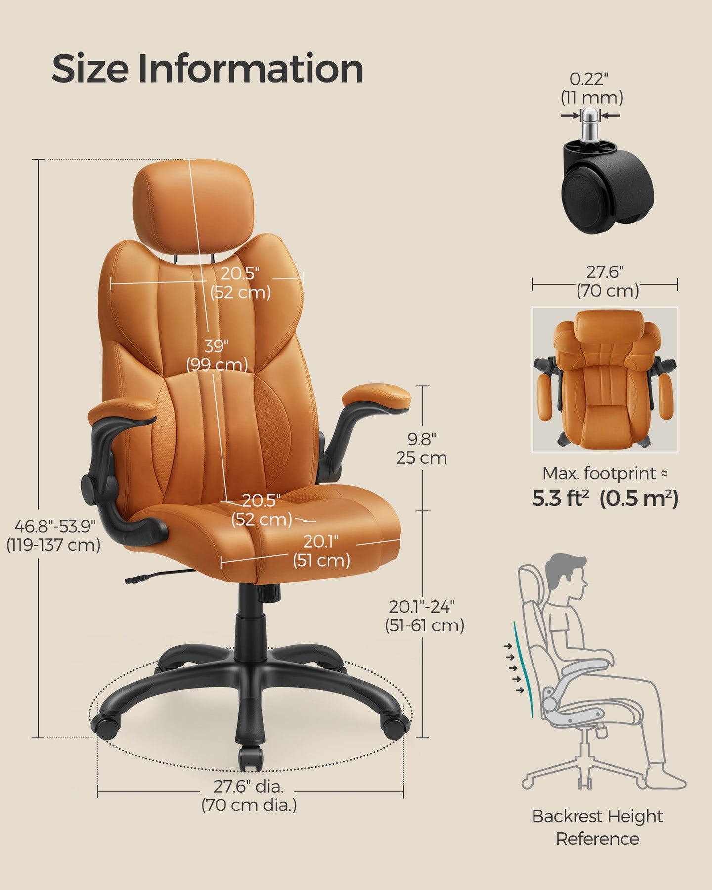 Ergonomic Gaming Chair - PU Leather - Caramel Brown - Height Adjustable with Tilt Function and Flip-Up Armrests
