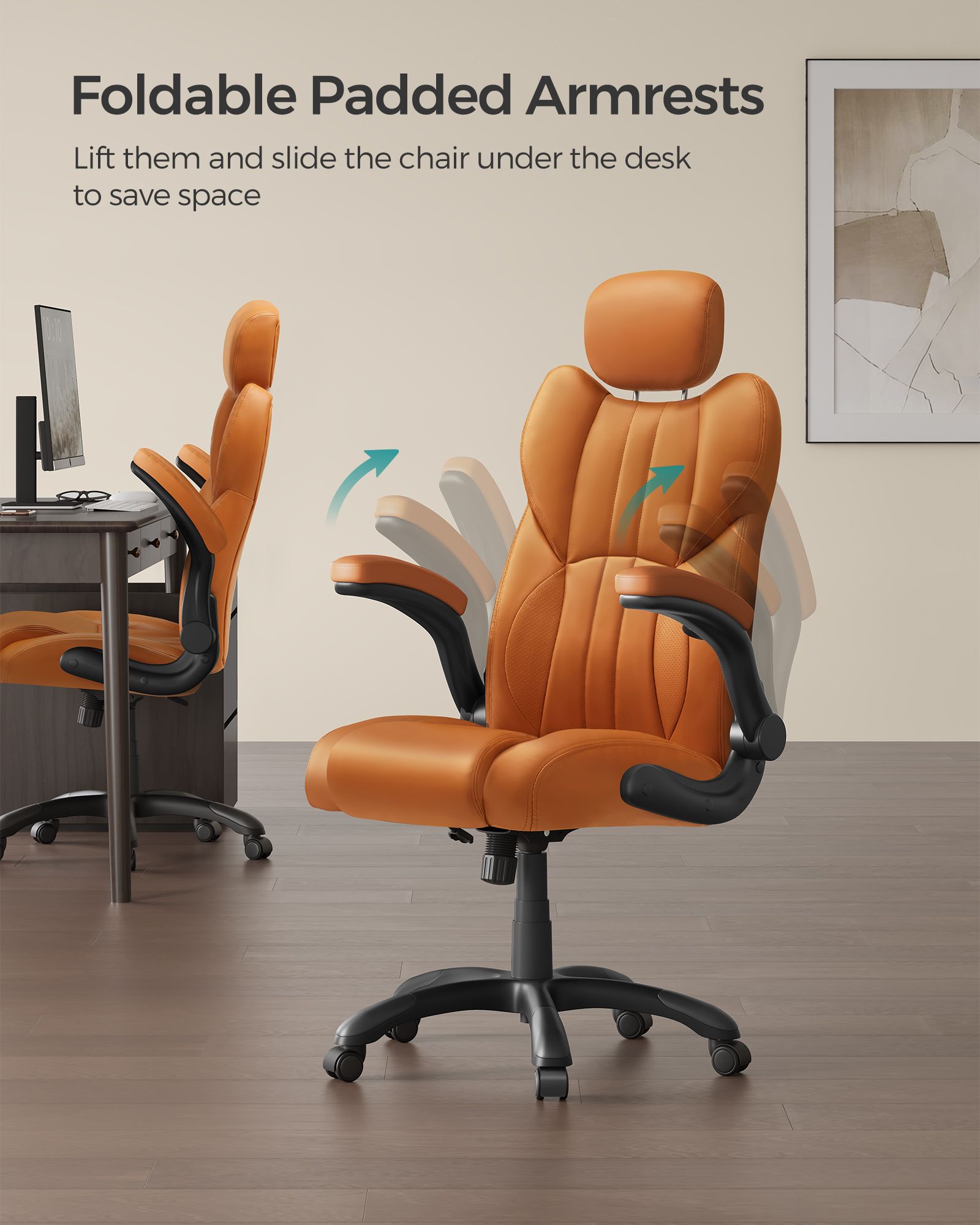 Ergonomic Gaming Chair - PU Leather - Caramel Brown - Height Adjustable with Tilt Function and Flip-Up Armrests
