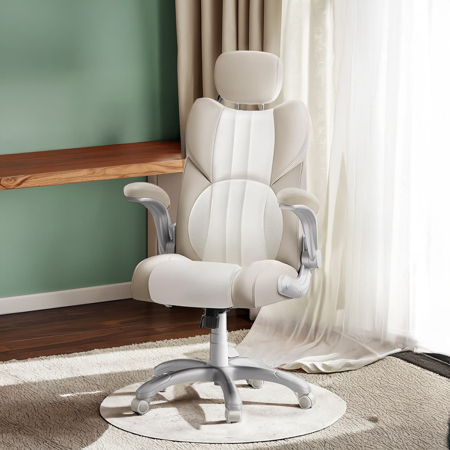 Gaming Chair - PU - White - Ergonomic Design with Adjustable Headrest and Foldable Armrests