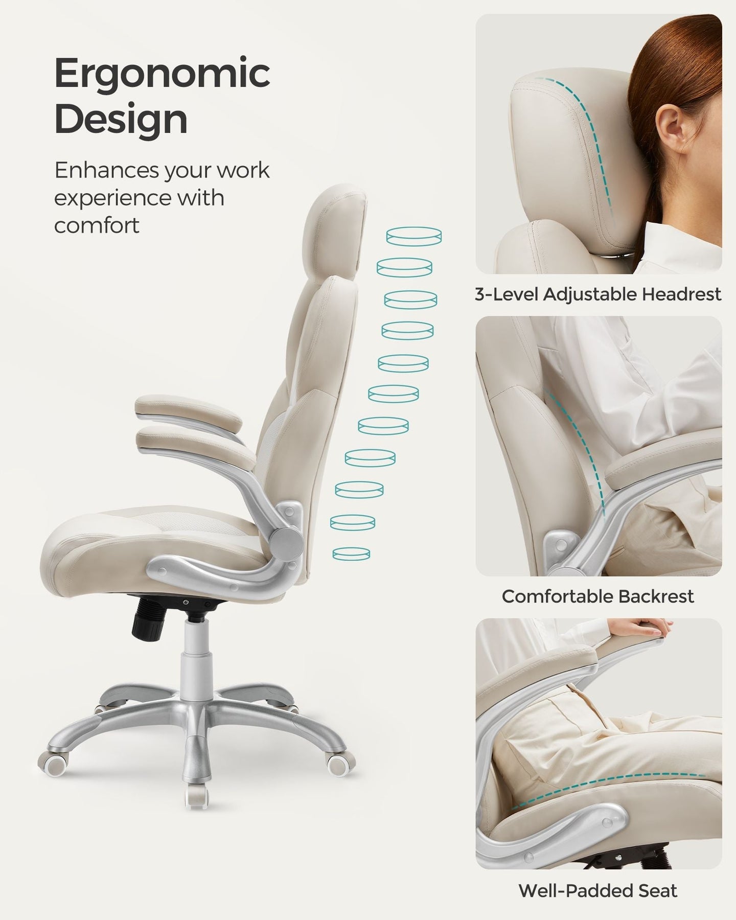 Ergonomic Gaming Chair - PU - Cream White - Height Adjustable with Tilt Function