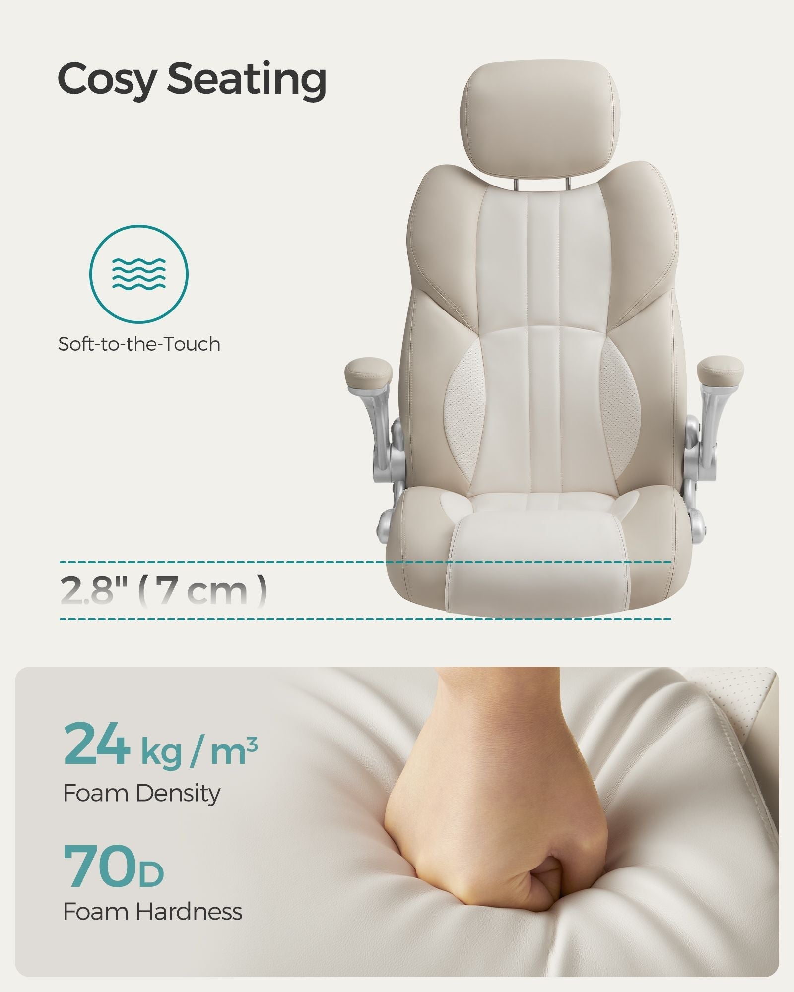 Ergonomic Gaming Chair - PU - Cream White - Height Adjustable with Tilt Function