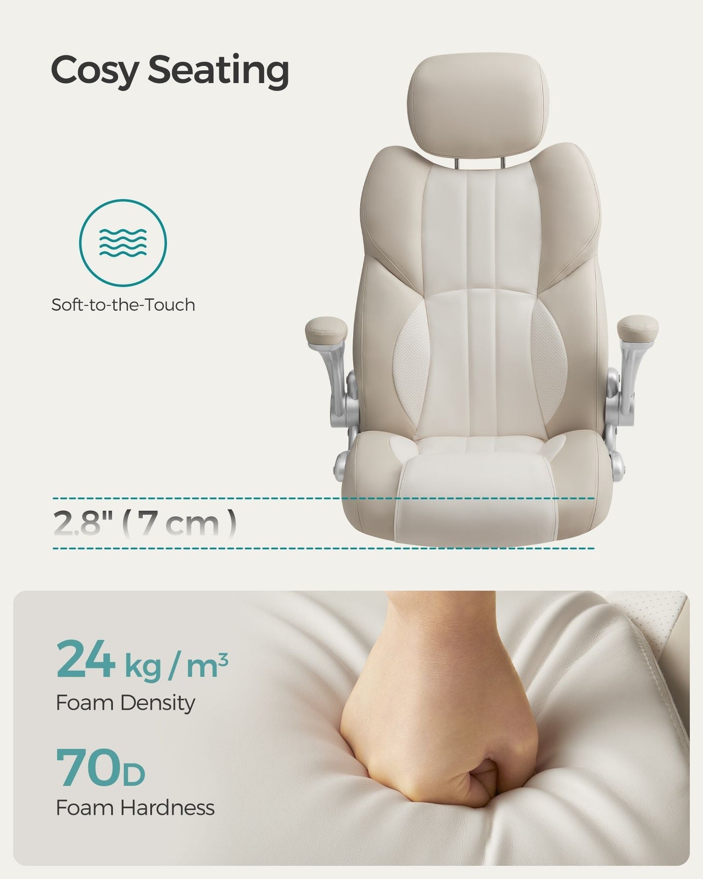 Ergonomic Gaming Chair - PU - Cream White - Height Adjustable with Tilt Function