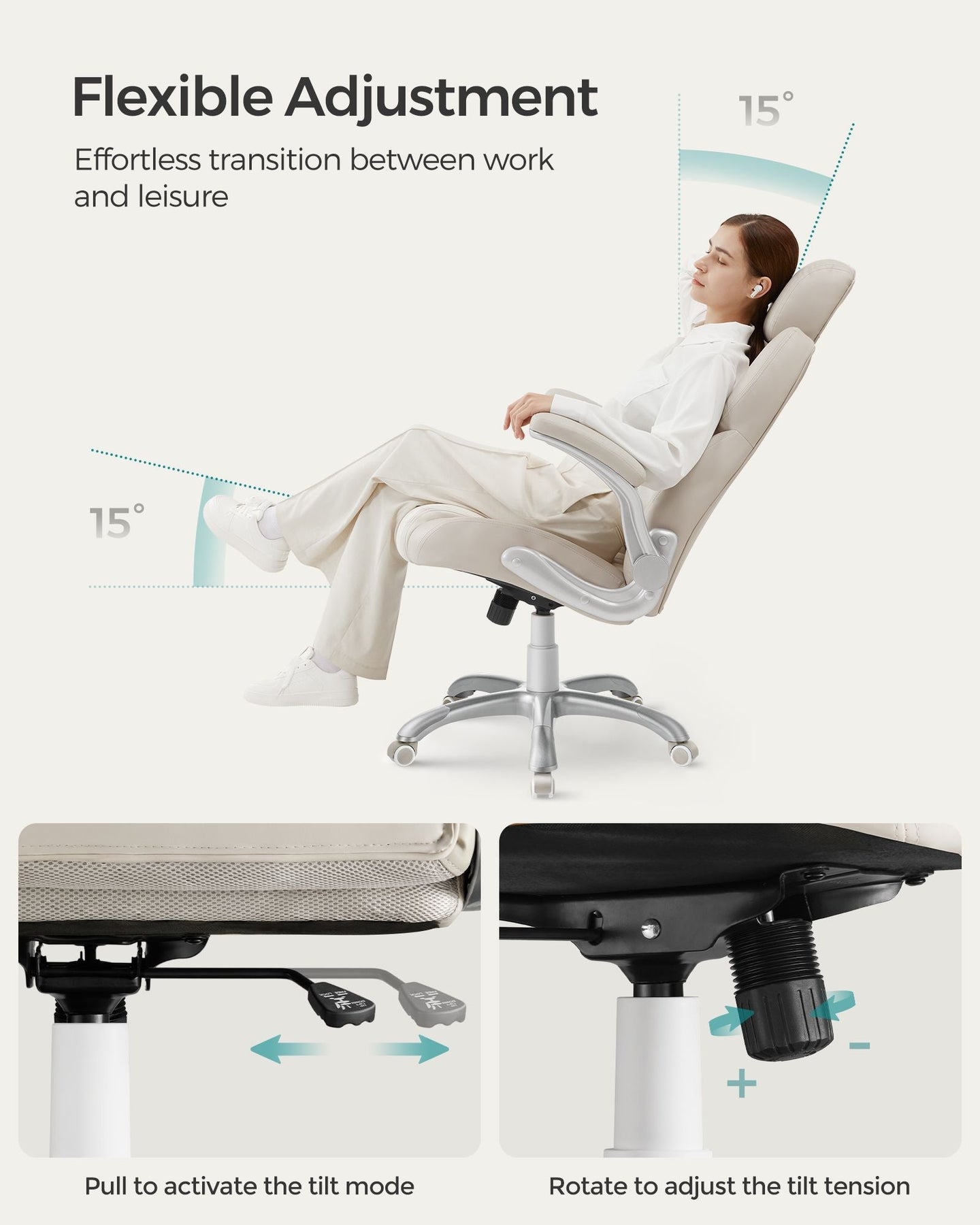 Ergonomic Gaming Chair - PU - Cream White - Height Adjustable with Tilt Function