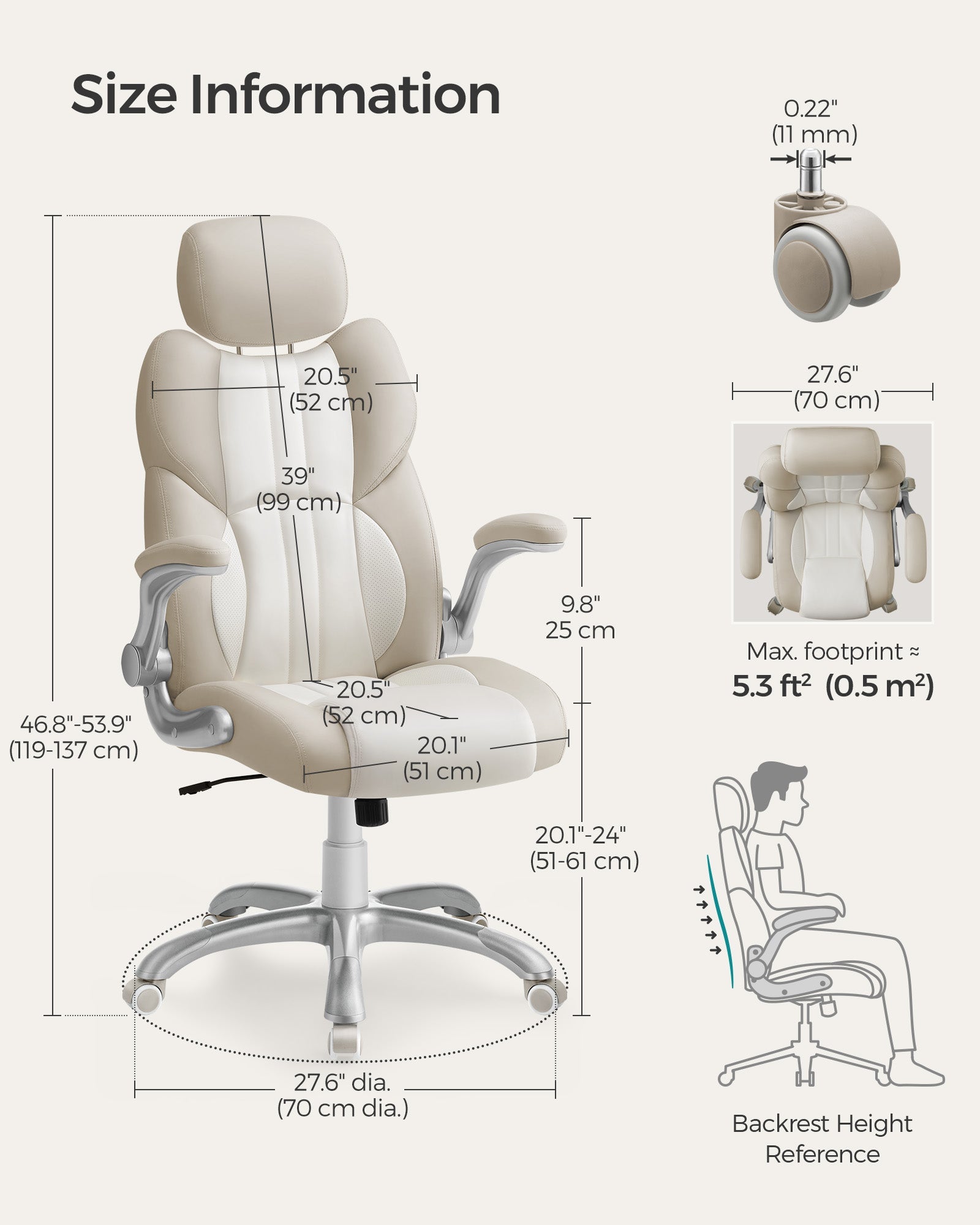 Ergonomic Gaming Chair - PU - Cream White - Height Adjustable with Tilt Function