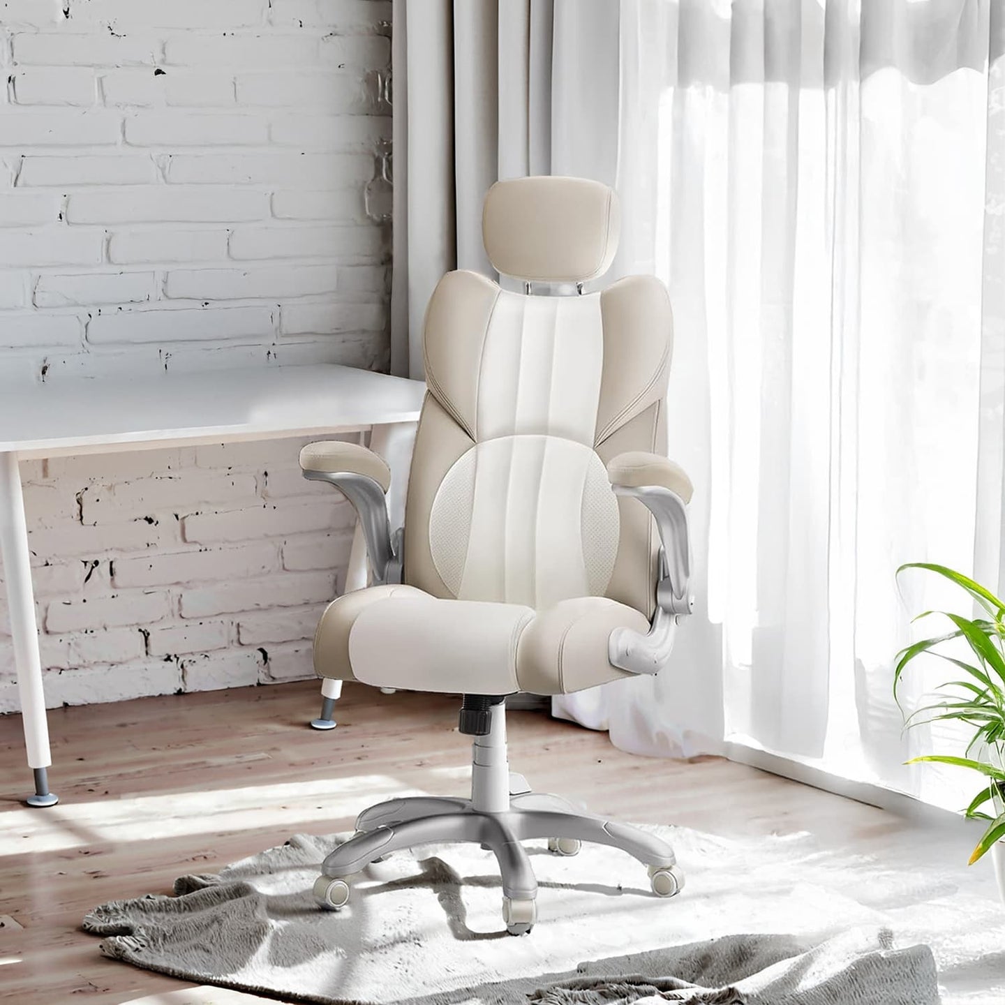 Gaming Chair - PU - White - Ergonomic Design with Adjustable Headrest and Foldable Armrests
