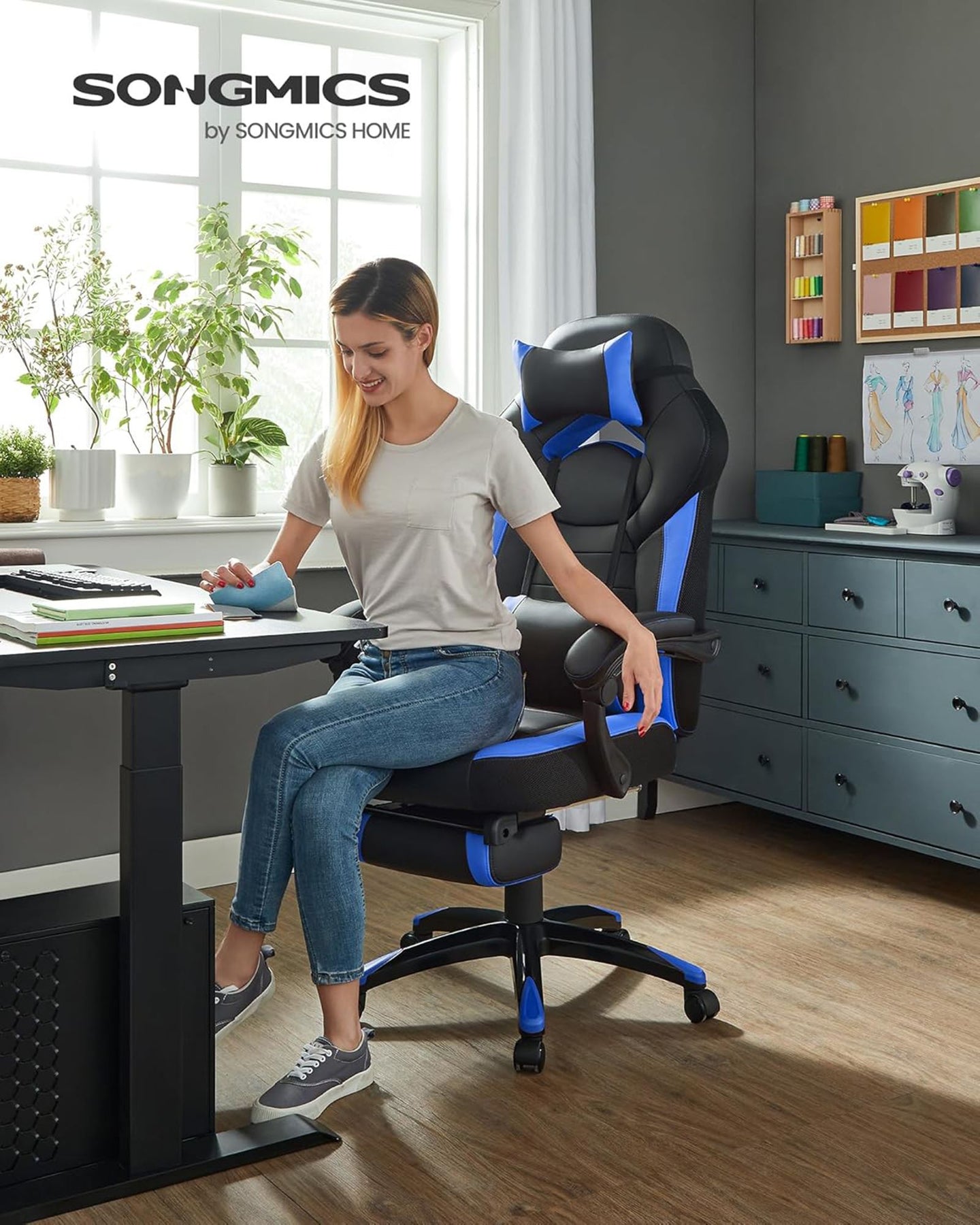 Gaming Chair - Fabric - Black and Red - Ergonomic Design with Adjustable Headrest and Footrest
