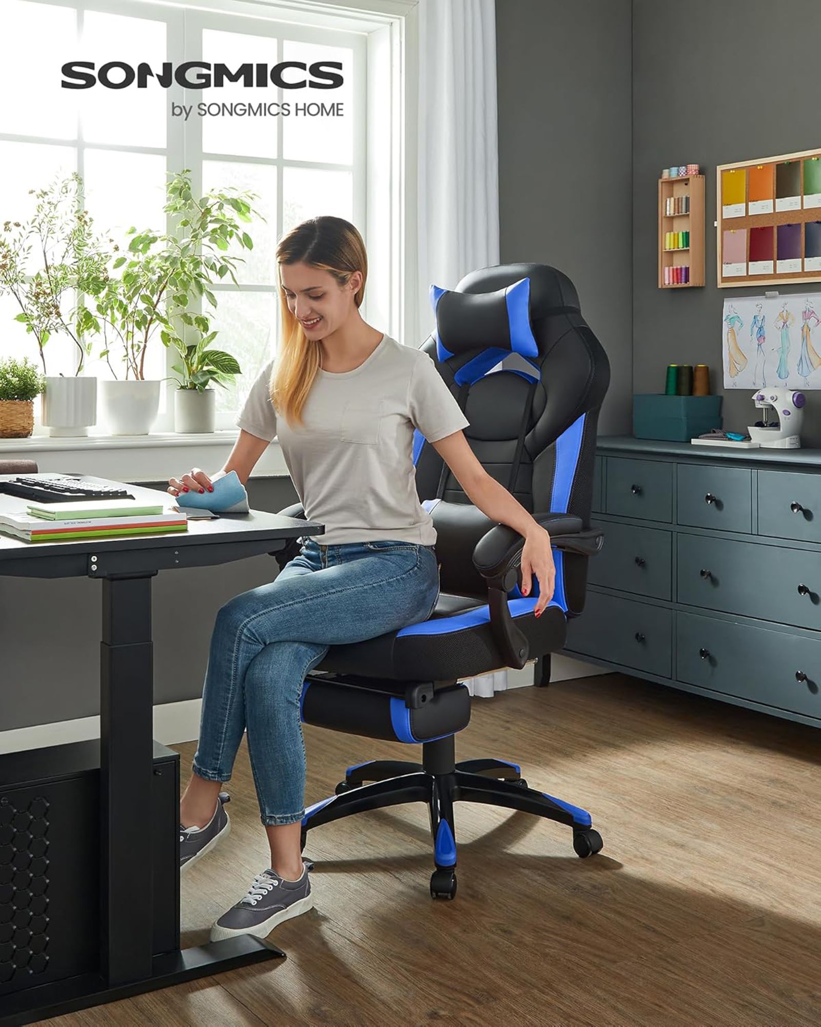Gaming Chair - Fabric - Black and Red - Ergonomic Design with Adjustable Headrest and Footrest