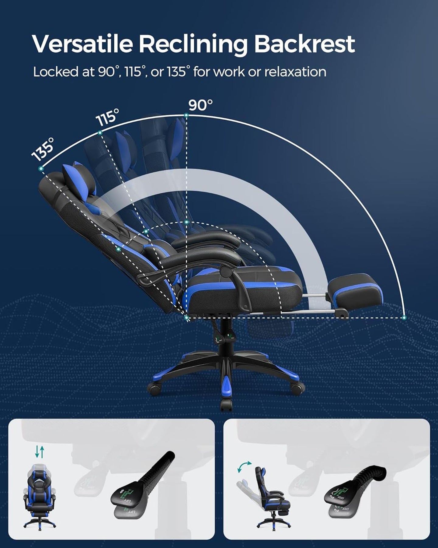 Gaming Chair - Faux Leather - Black and Blue - Ergonomic Design with Footrest and Adjustable Headrest