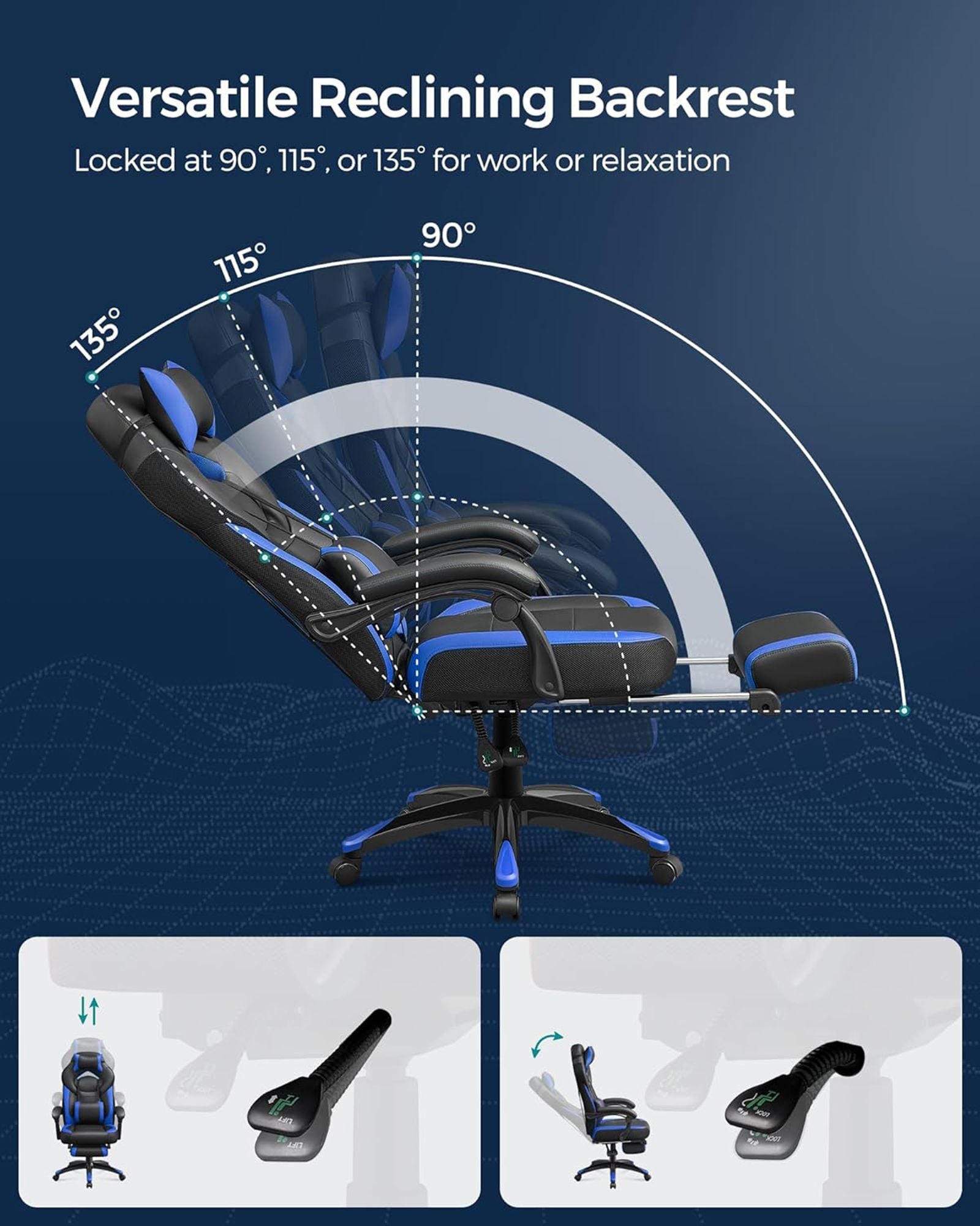 Gaming Chair - Faux Leather - Black and Blue - Ergonomic Design with Footrest and Adjustable Headrest