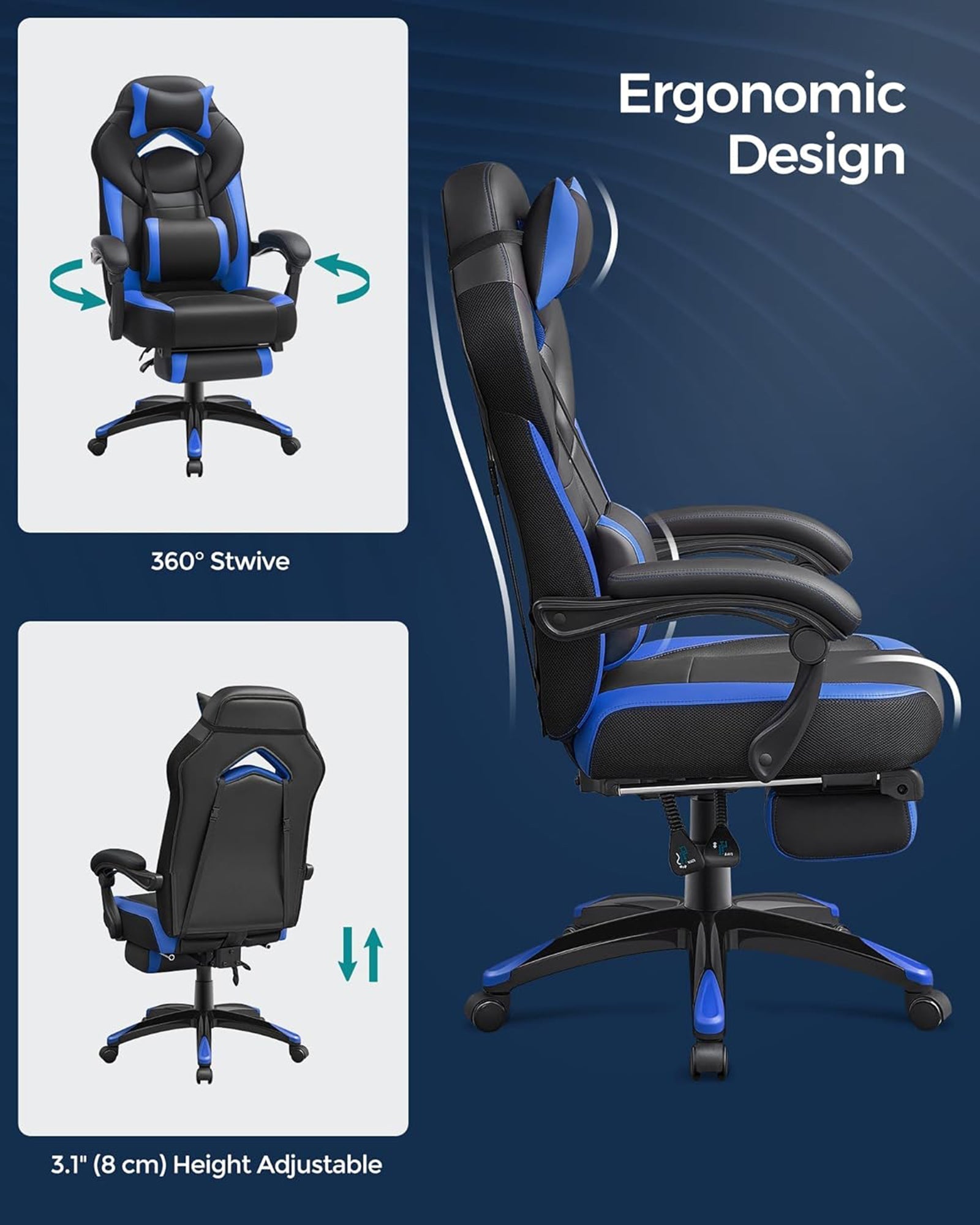 Gaming Chair - Faux Leather - Black and Blue - Ergonomic Design with Footrest and Adjustable Headrest