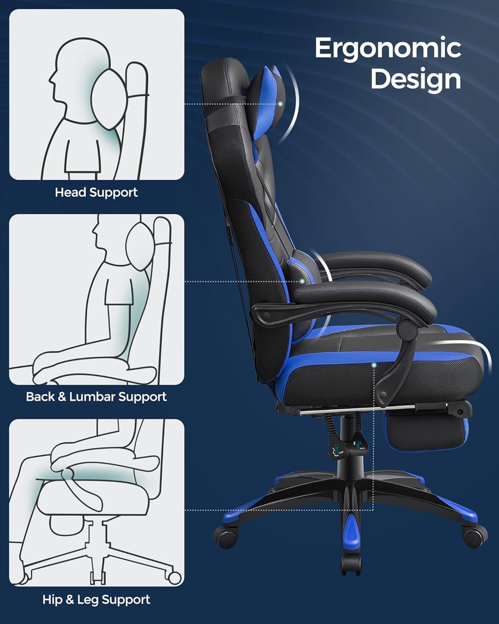 Gaming Chair - Faux Leather - Black and Blue - Ergonomic Design with Footrest and Adjustable Headrest