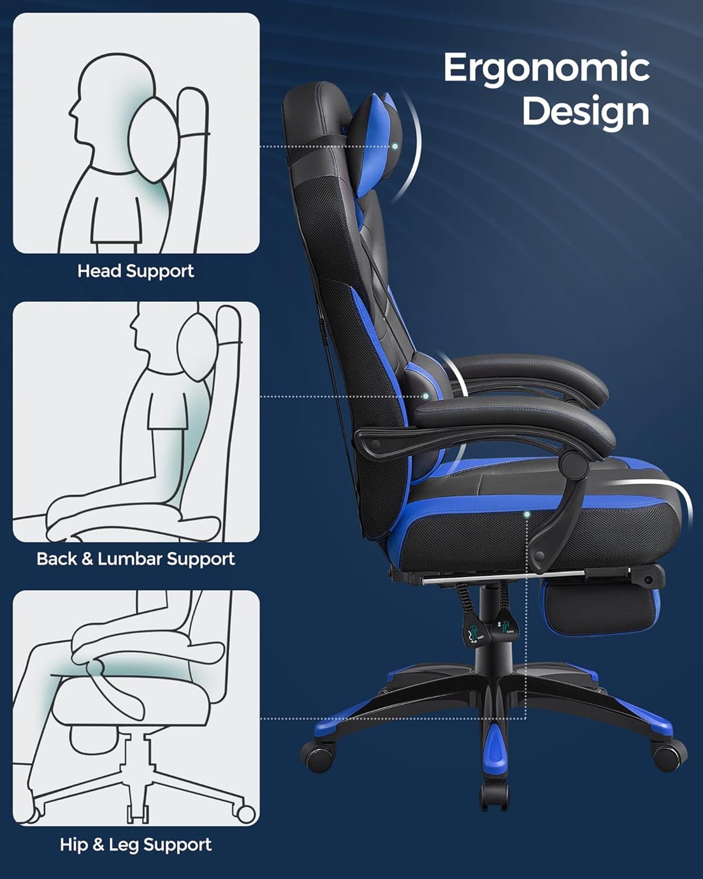 Gaming Chair - Faux Leather - Black and Blue - Ergonomic Design with Footrest and Adjustable Headrest
