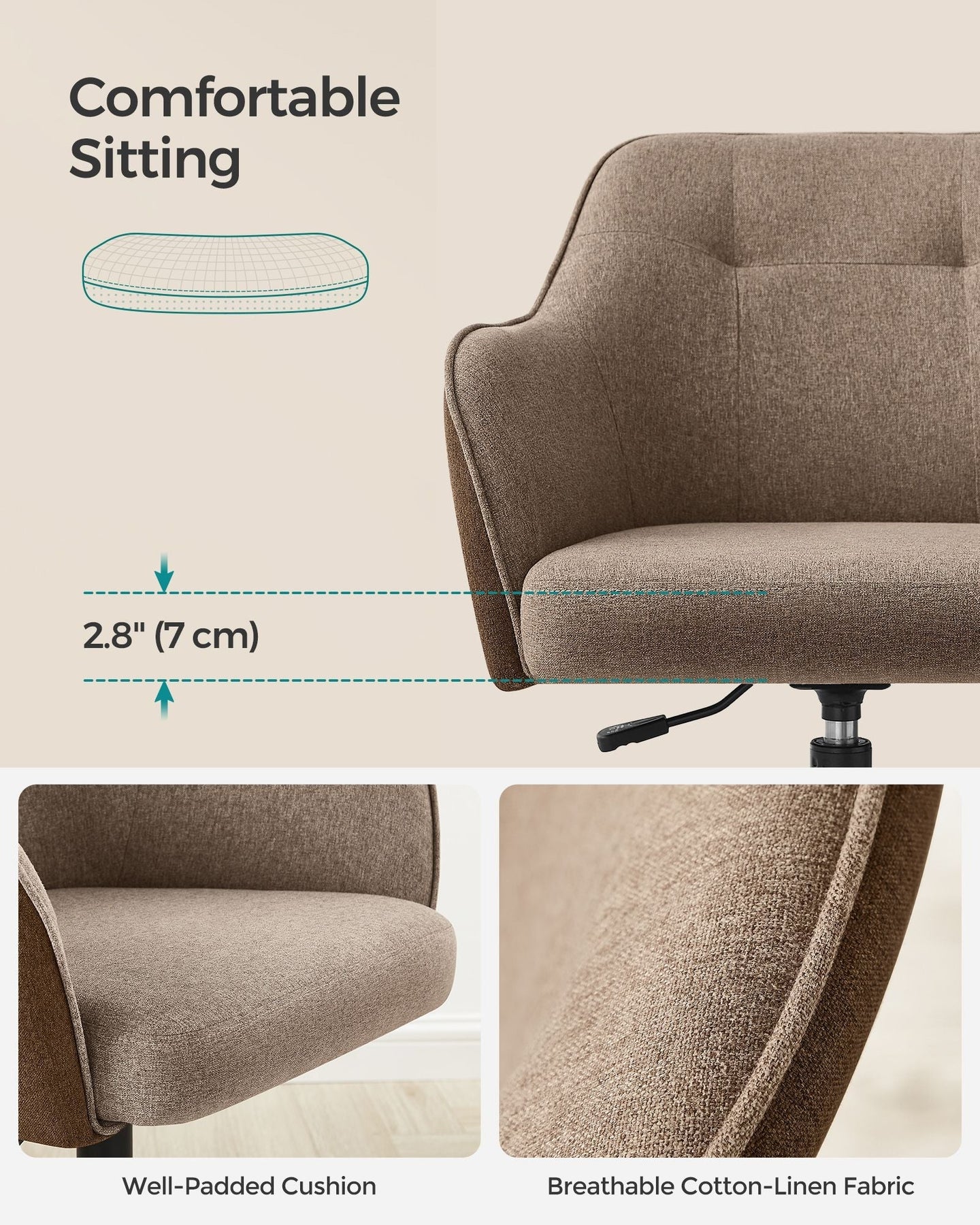 Height-Adjustable Office Chair - Linenette Fabric - Walnut Brown - Ergonomic Design