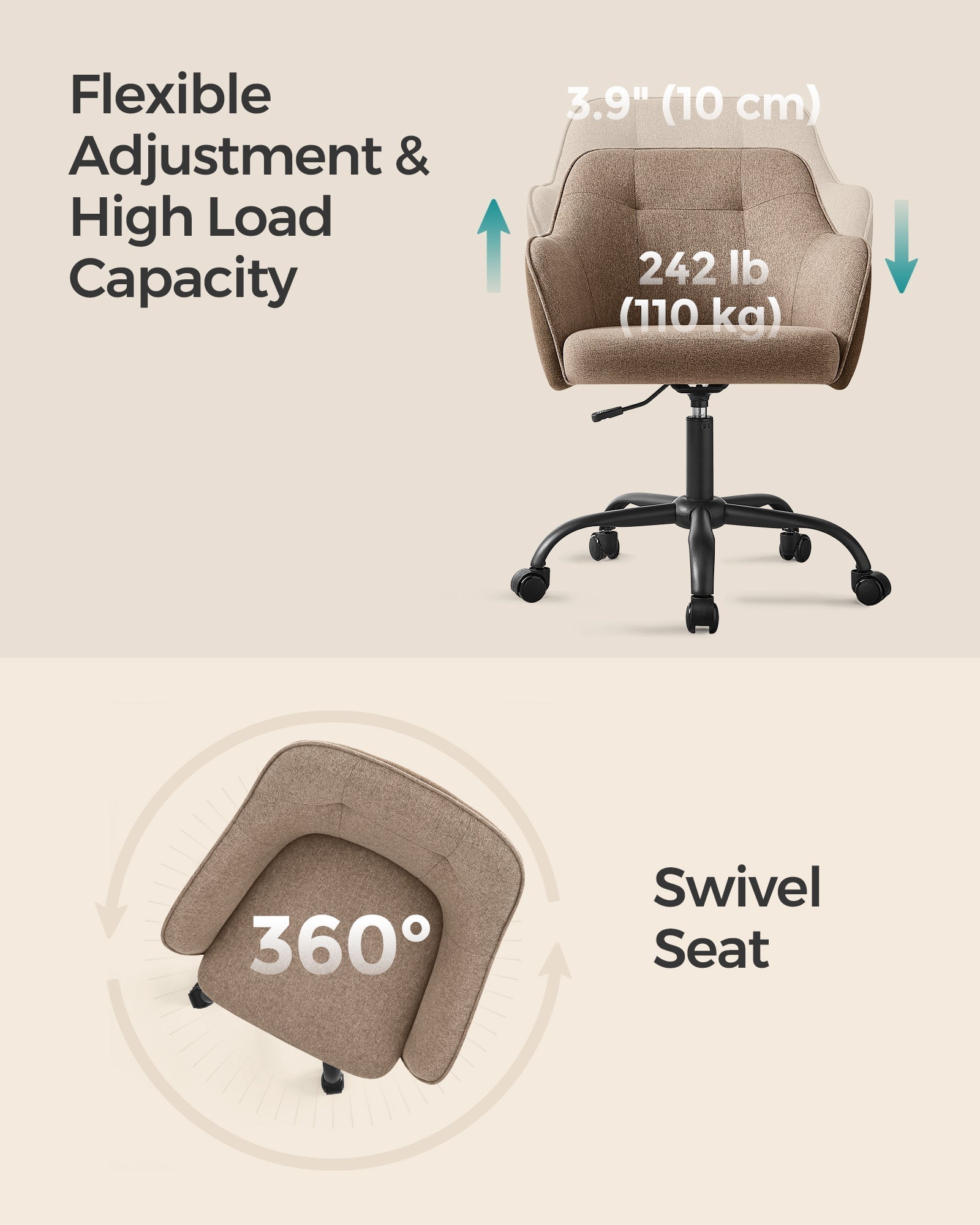 Height-Adjustable Office Chair - Linenette Fabric - Walnut Brown - Ergonomic Design