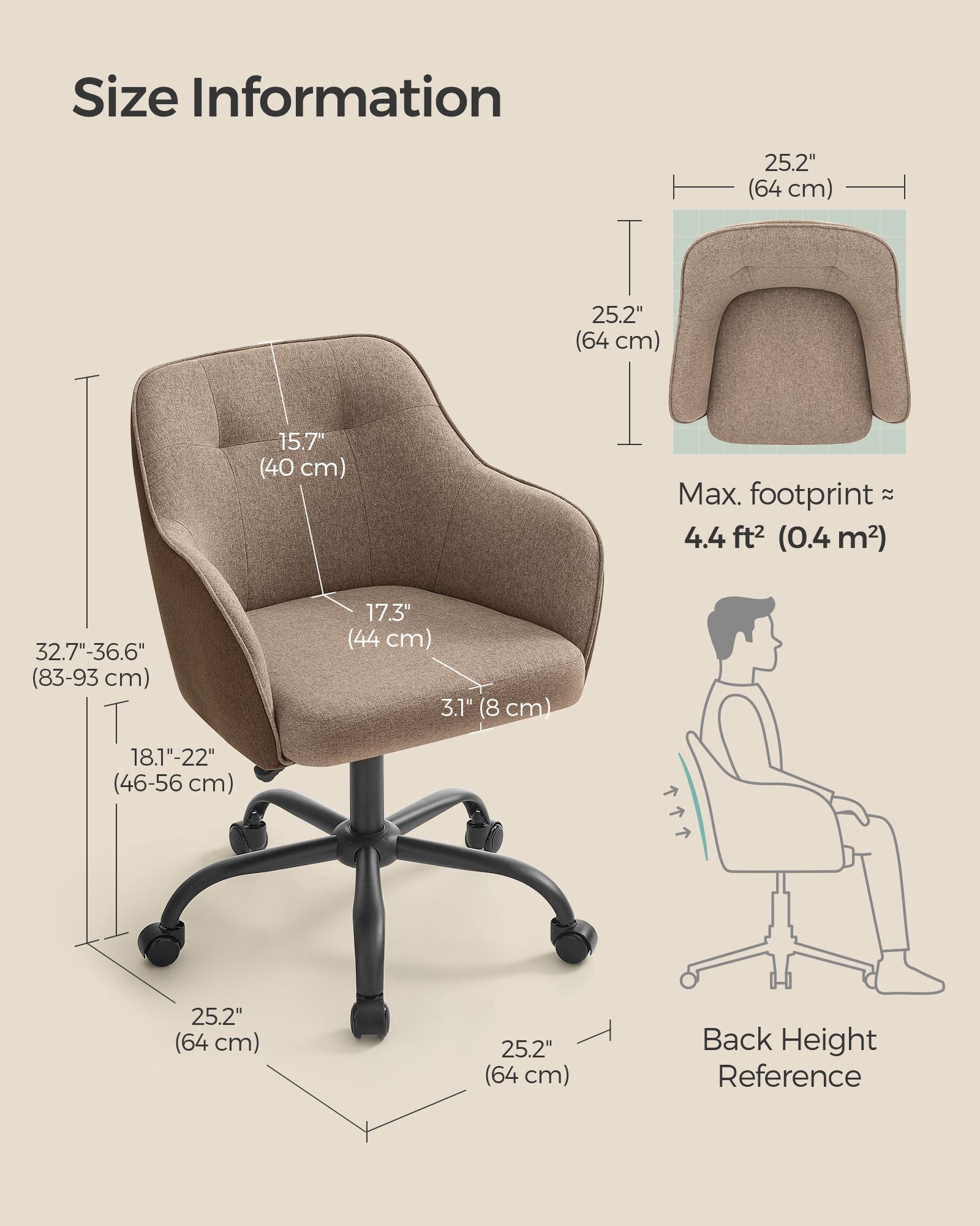 Height-Adjustable Office Chair - Linenette Fabric - Walnut Brown - Ergonomic Design