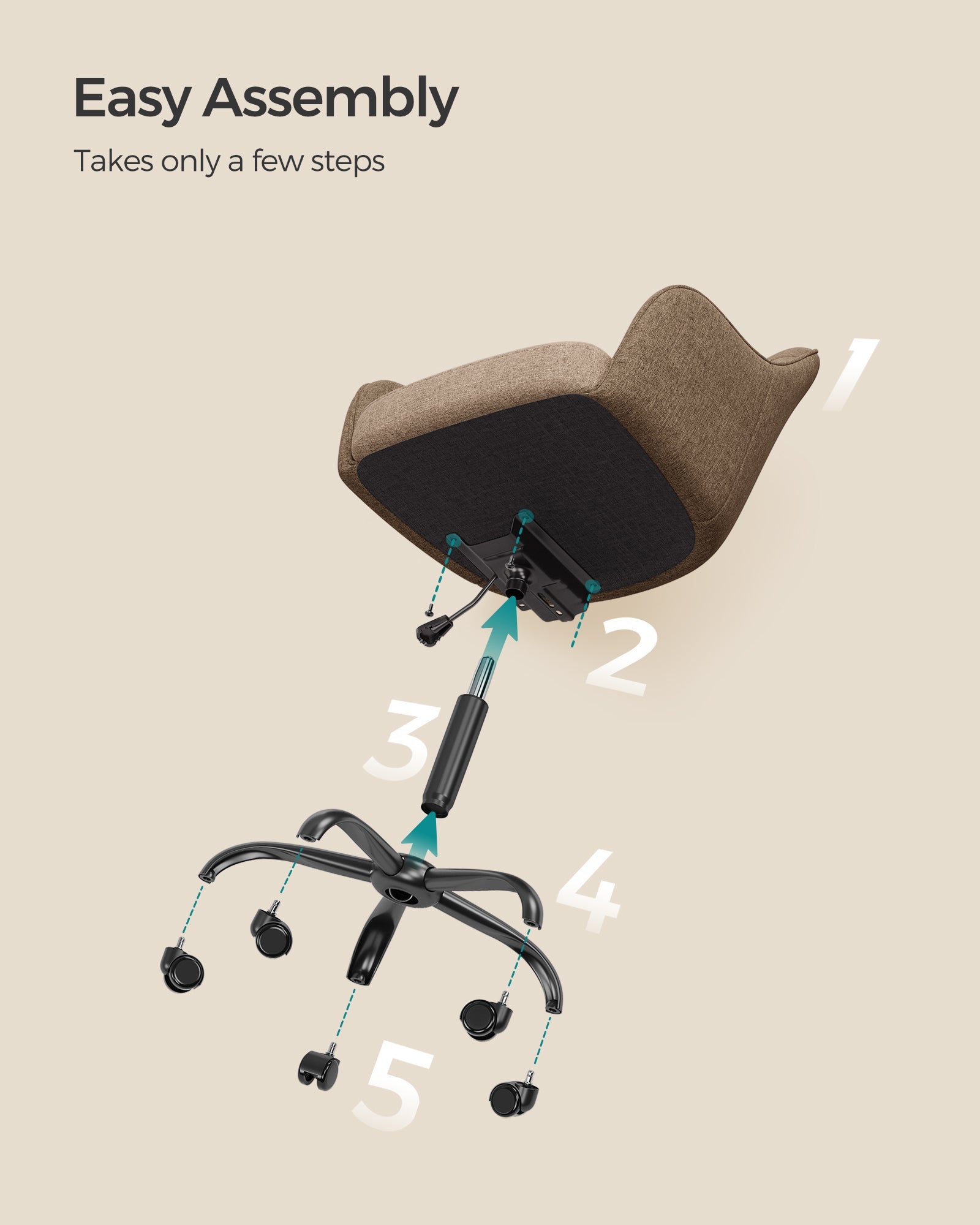 Height-Adjustable Office Chair - Linenette Fabric - Walnut Brown - Ergonomic Design