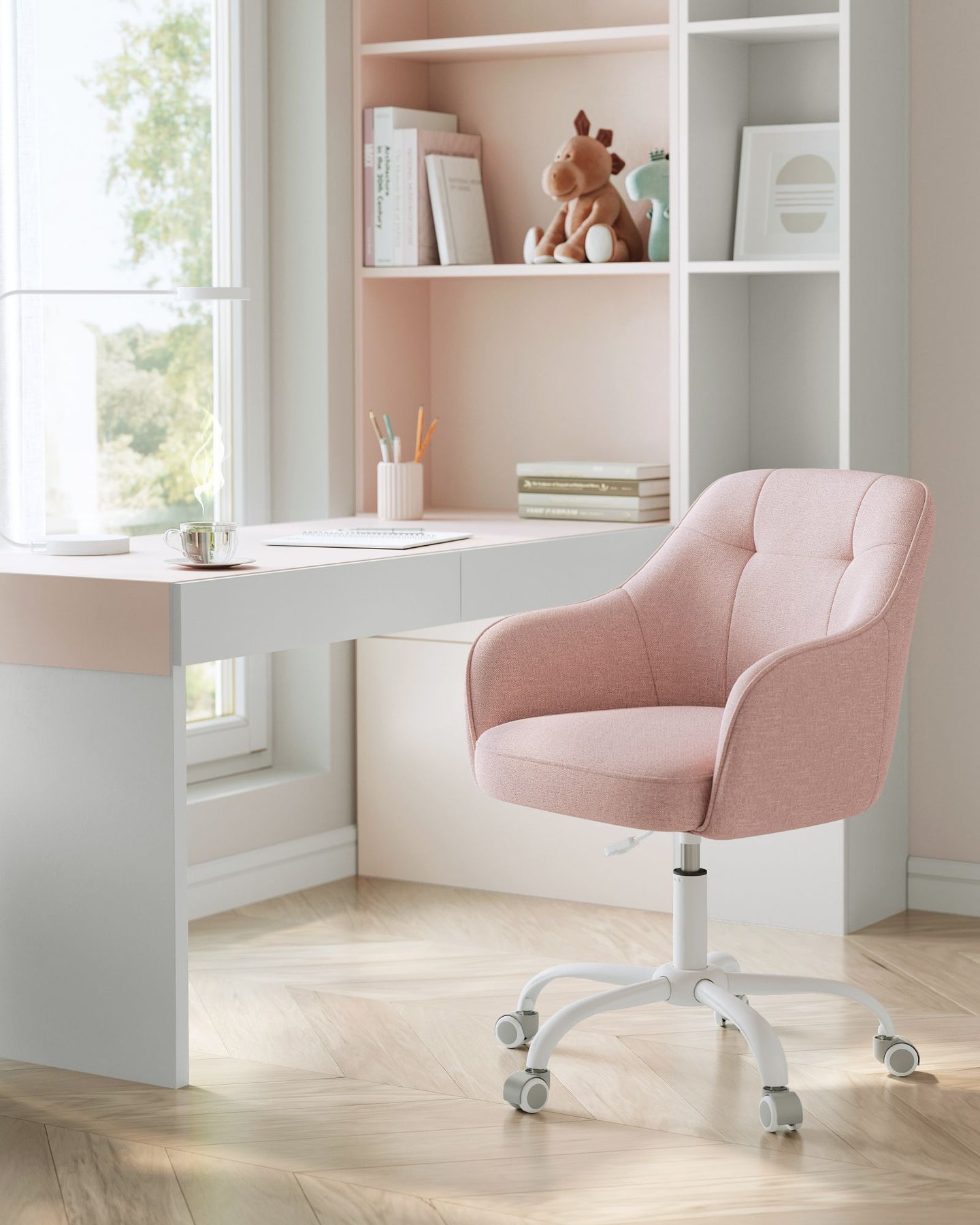Height-Adjustable Office Chair - Linenette Fabric - Jelly Pink - Ergonomic Swivel Design
