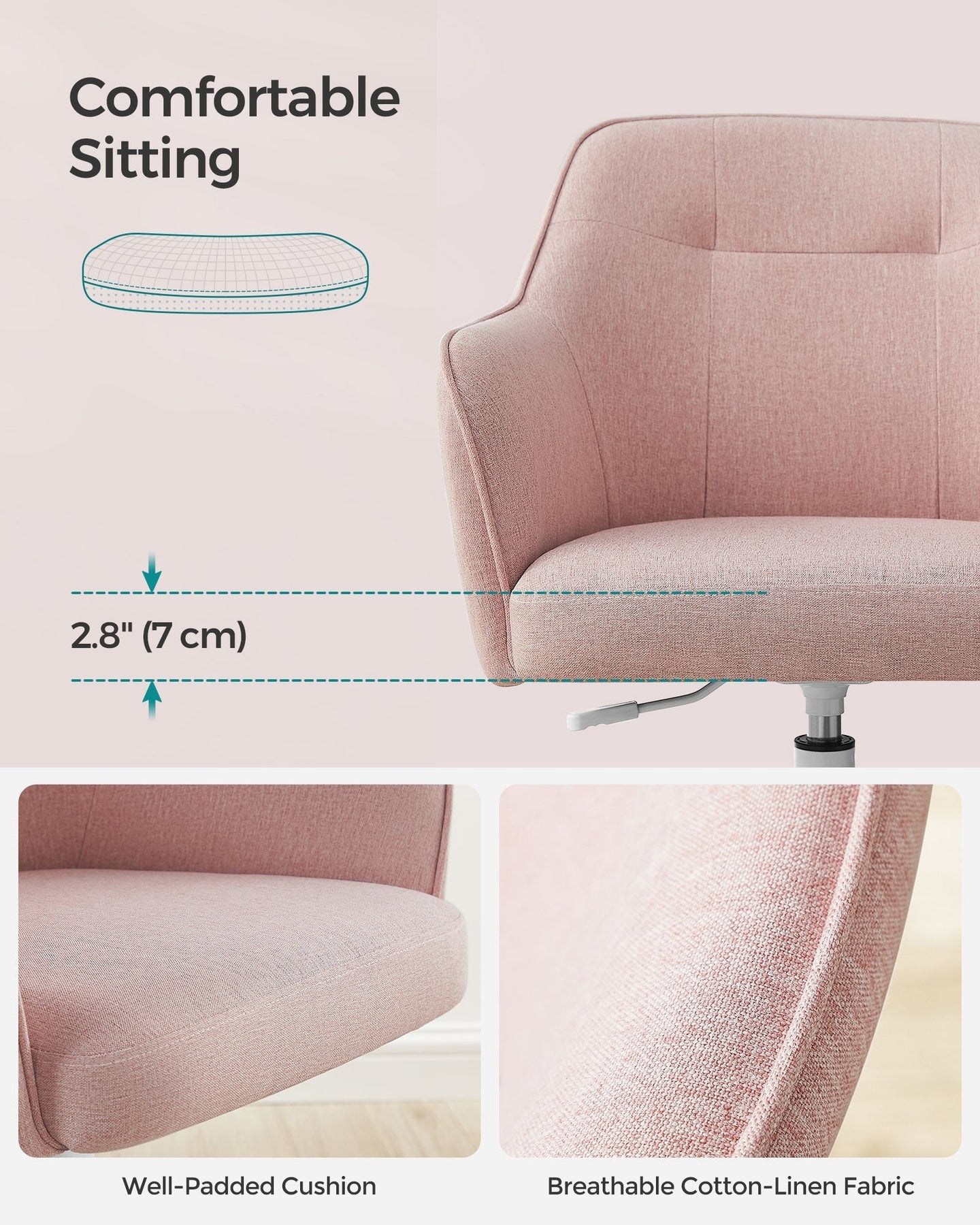 Height-Adjustable Office Chair - Linenette Fabric - Jelly Pink - Ergonomic Swivel Design