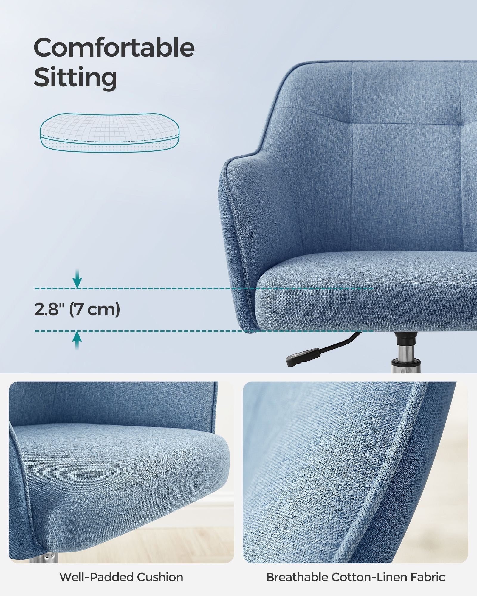Height-Adjustable Office Chair - Steel Frame - Misty Blue - Ergonomic Design