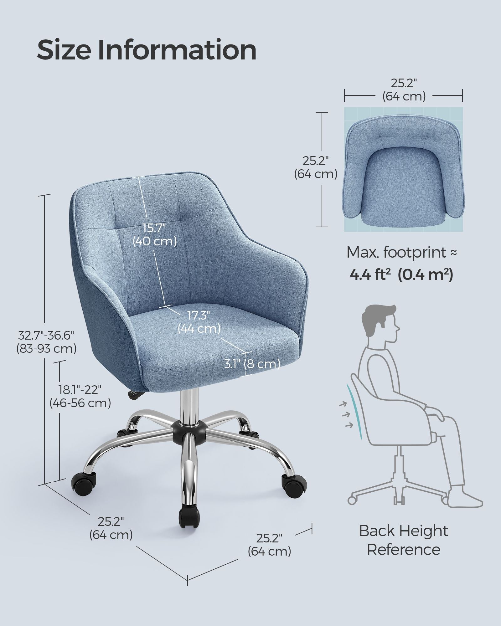 Height-Adjustable Office Chair - Steel Frame - Misty Blue - Ergonomic Design