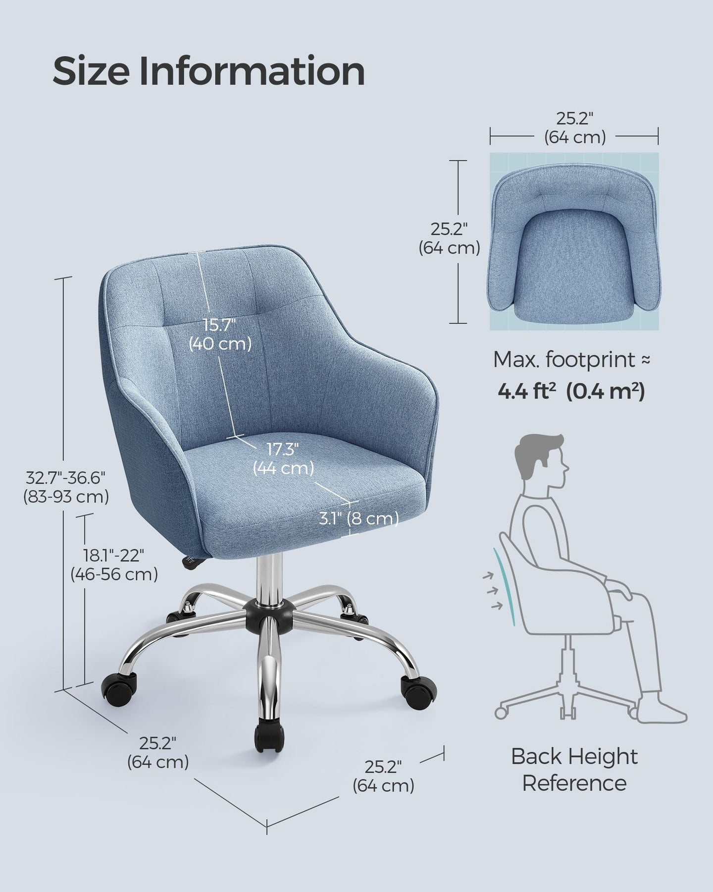 Height-Adjustable Office Chair - Steel Frame - Misty Blue - Ergonomic Design