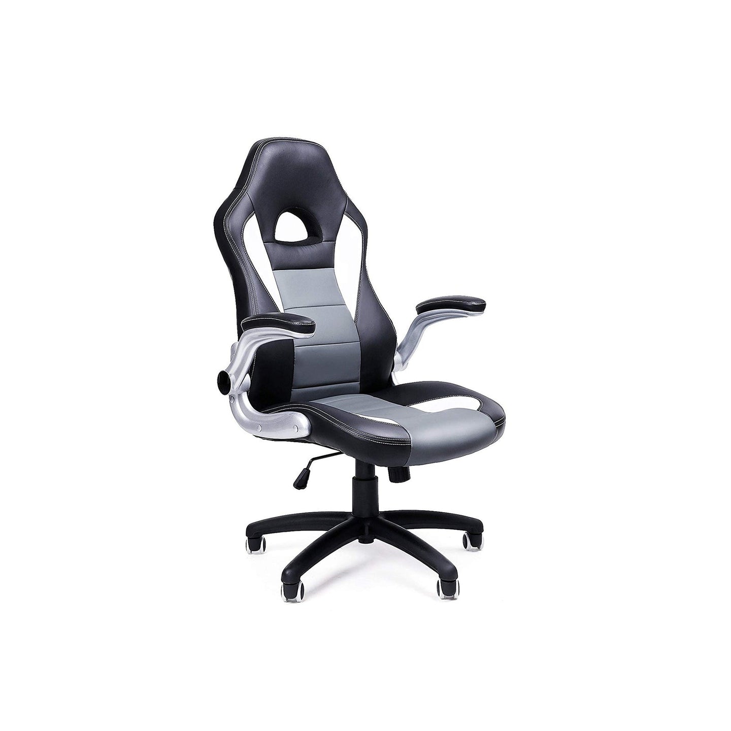 Office Swivel Chair - PU - Black Grey - High Back with Adjustable Armrest and Tilt Function