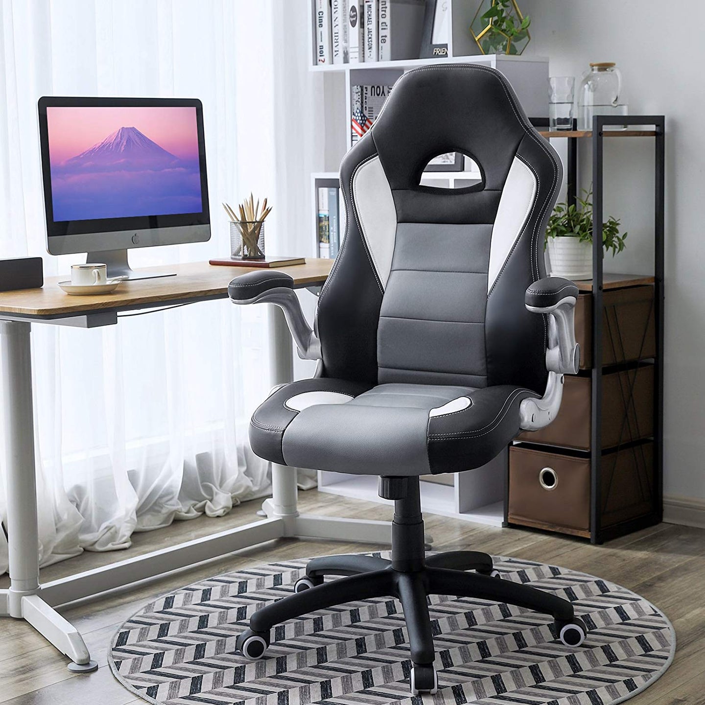 Office Swivel Chair - PU - Black Grey - High Back with Adjustable Armrest and Tilt Function