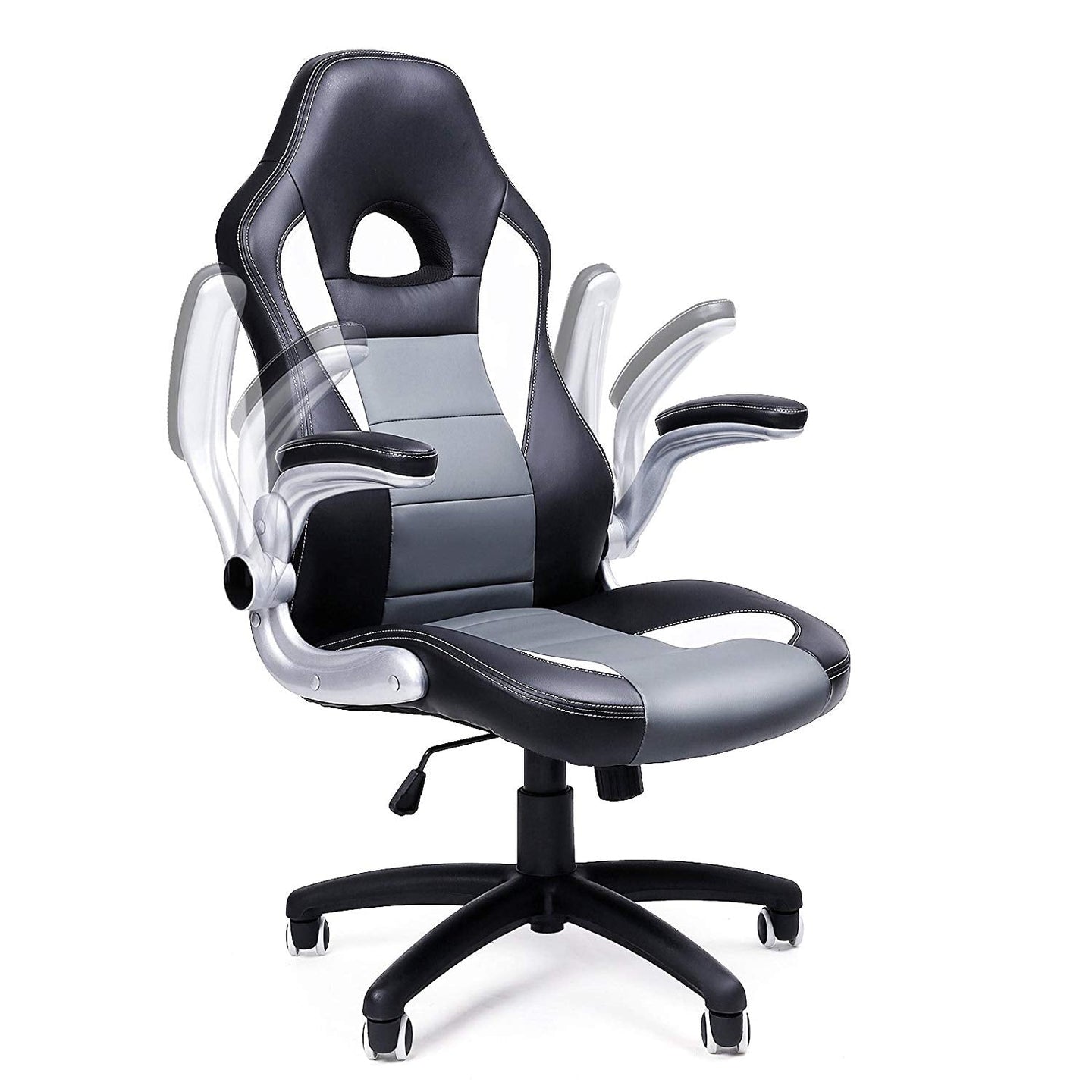 Office Swivel Chair - PU - Black Grey - High Back with Adjustable Armrest and Tilt Function