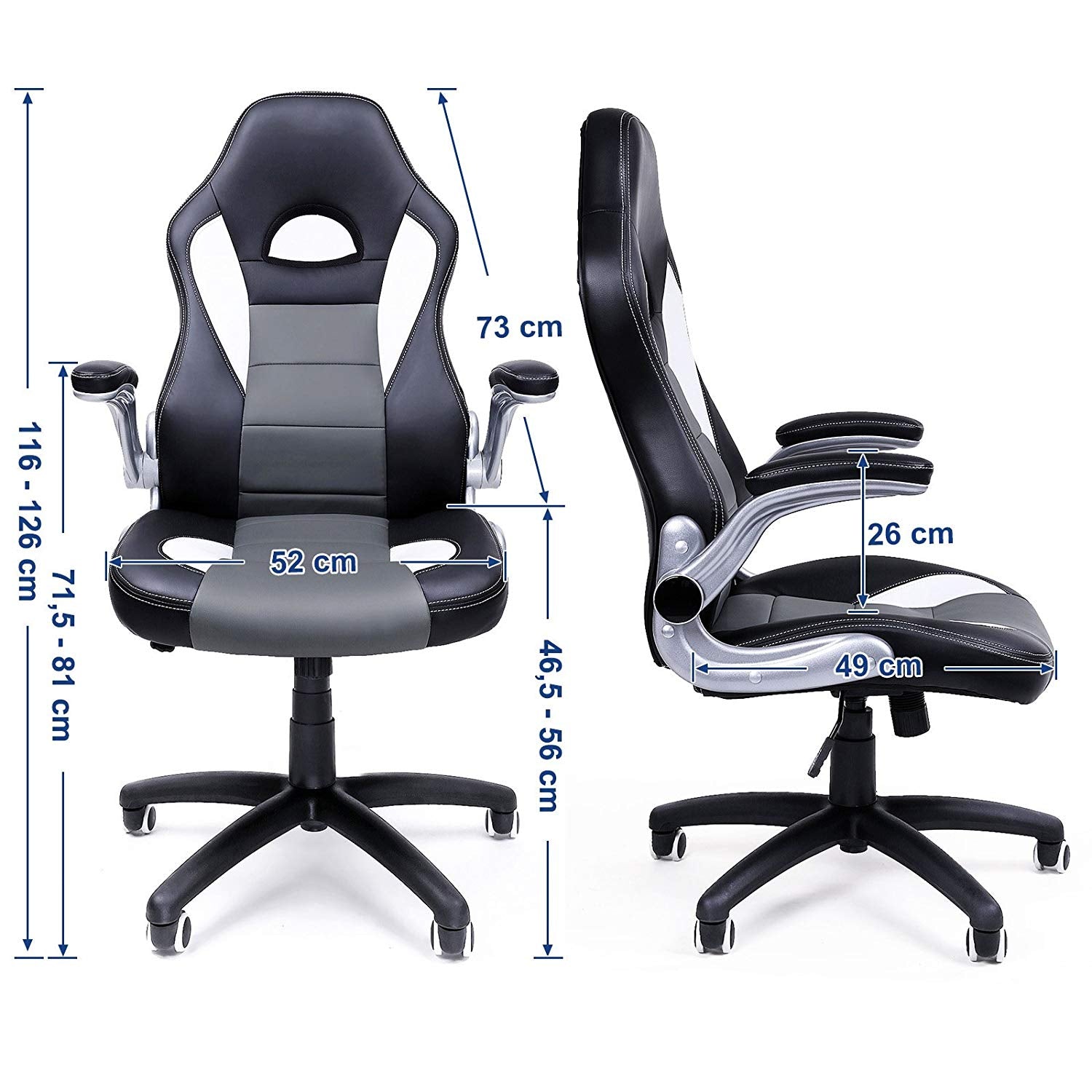 Office Swivel Chair - PU - Black Grey - High Back with Adjustable Armrest and Tilt Function