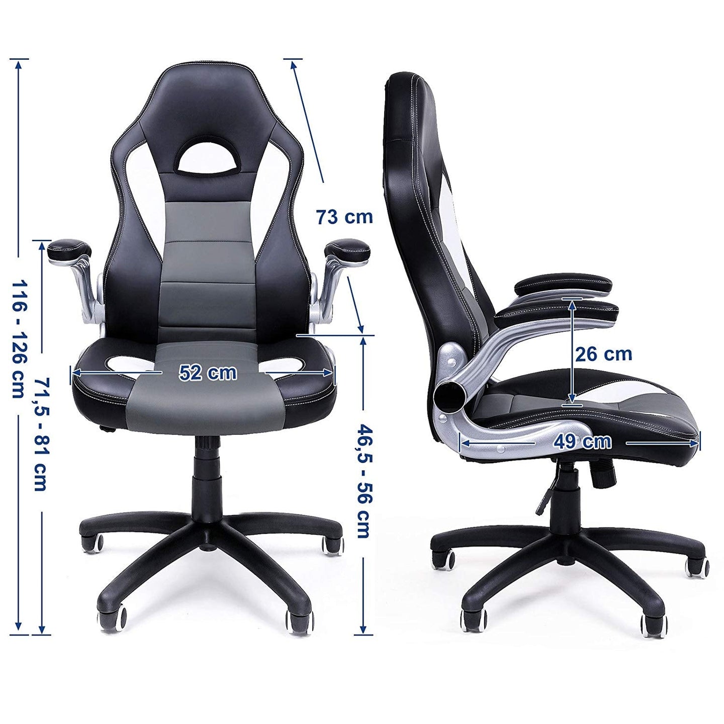 Office Swivel Chair - PU - Black Grey - High Back with Adjustable Armrest and Tilt Function
