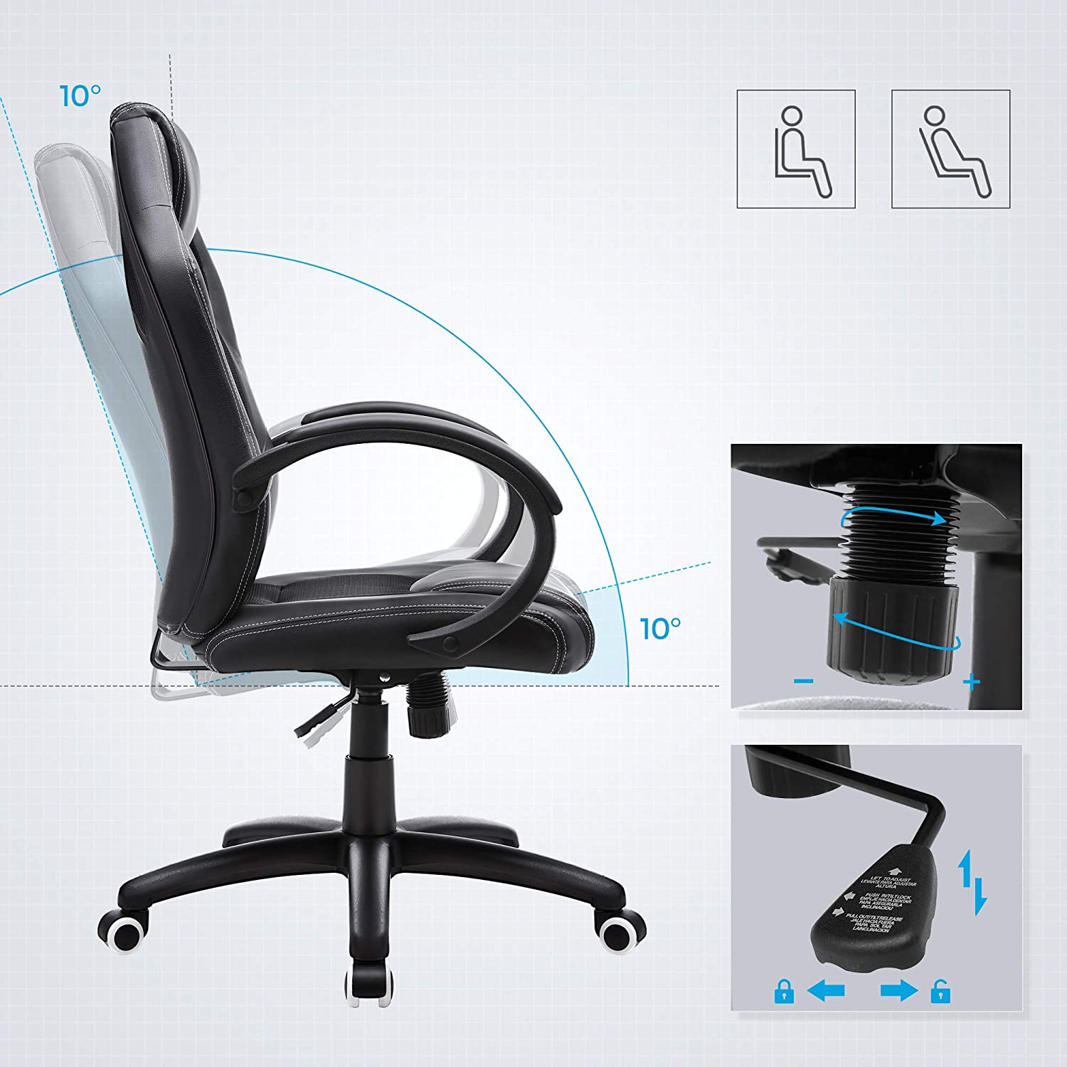 Swivel Computer Chair - PU - Blue - Racing Sport Design with Tilt Function