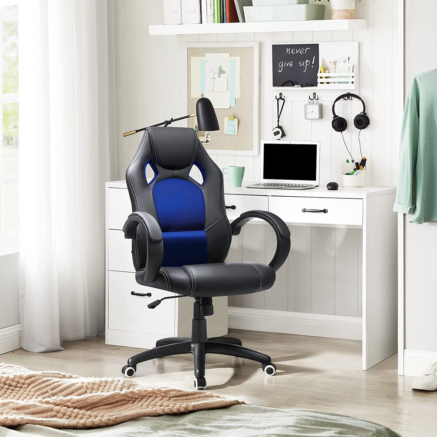 Height-Adjustable Computer Desk - Wood - Blue - Tilt Function