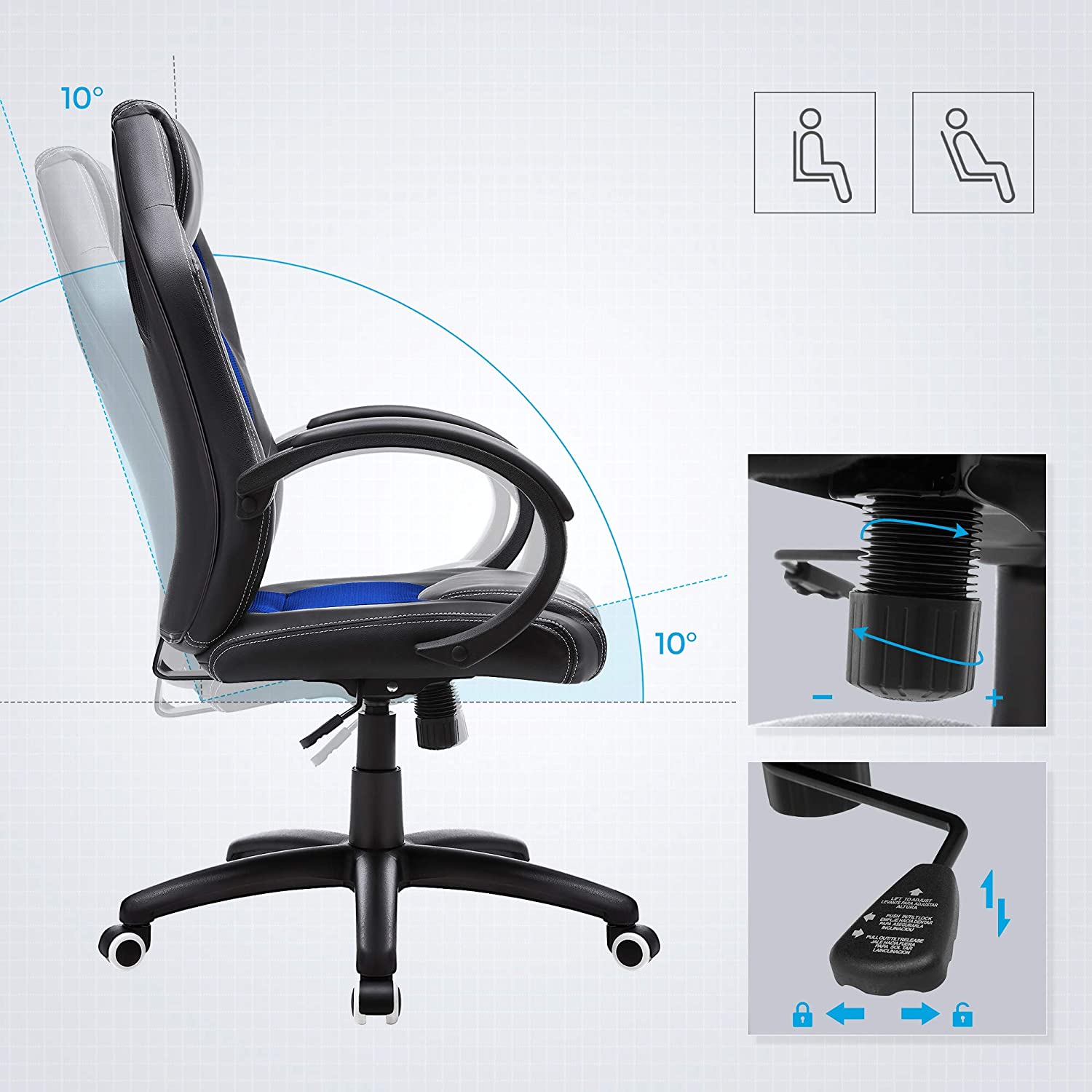 Height-Adjustable Computer Desk - Wood - Blue - Tilt Function