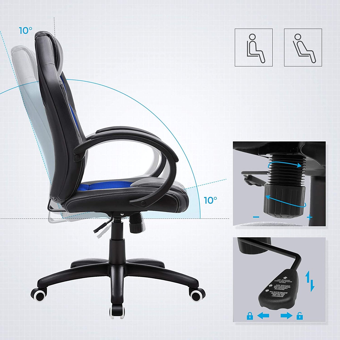 Height-Adjustable Computer Desk - Wood - Blue - Tilt Function