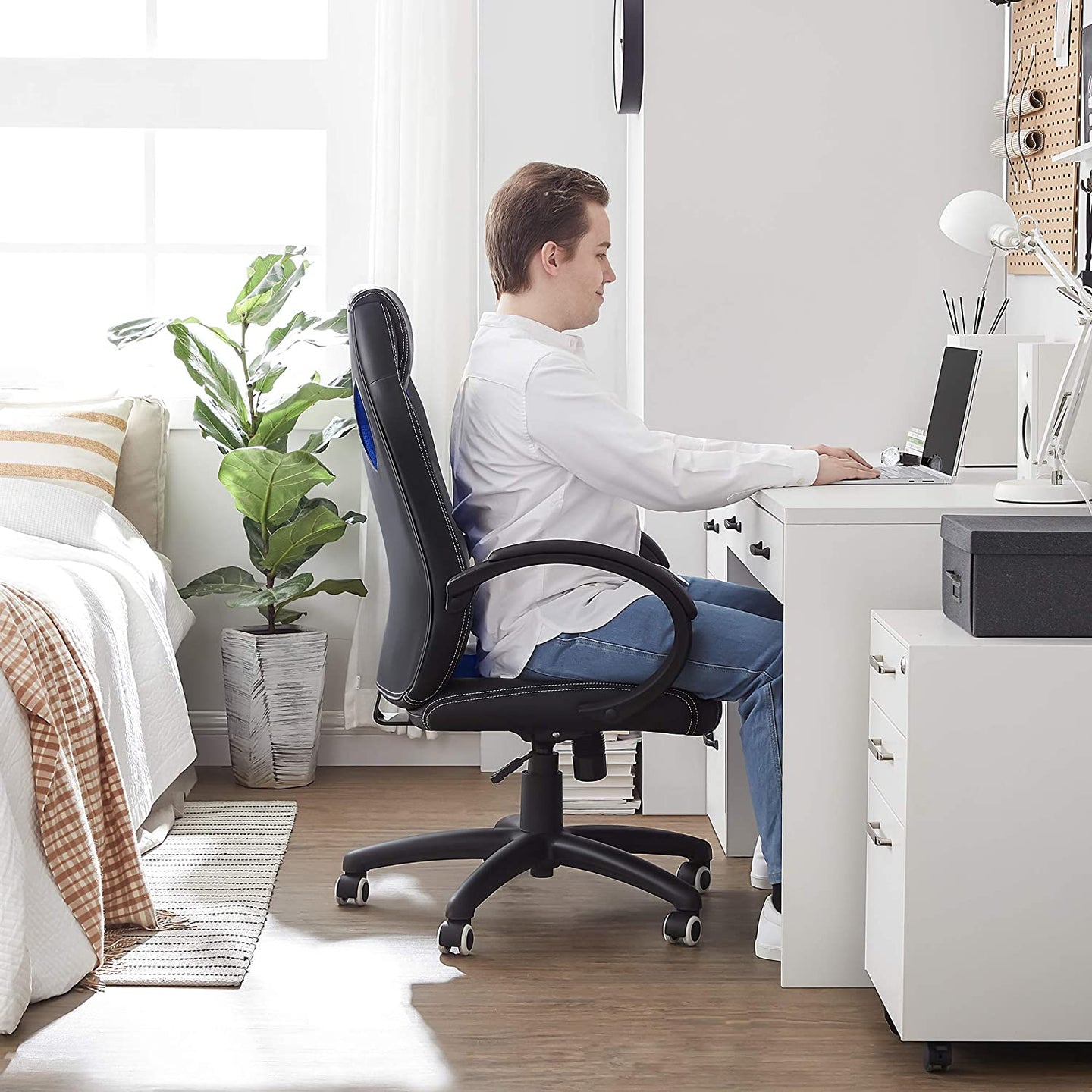 Height-Adjustable Computer Desk - Wood - Blue - Tilt Function
