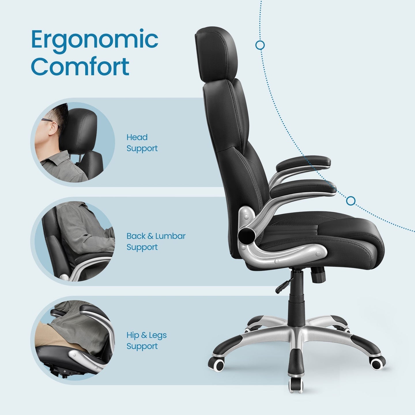 Ergonomic Gaming Office Chair - PU Leather - Black - Adjustable Headrest and Foldable Armrests