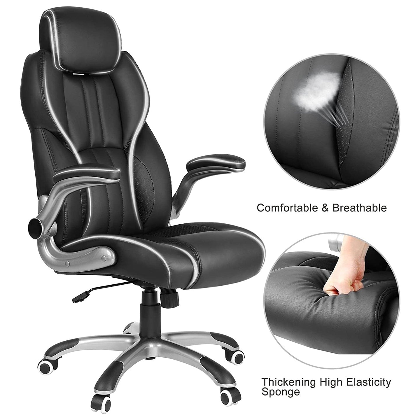 Swivel Office Chair - PU - Black - Adjustable Headrest and Flip-Up Armrests