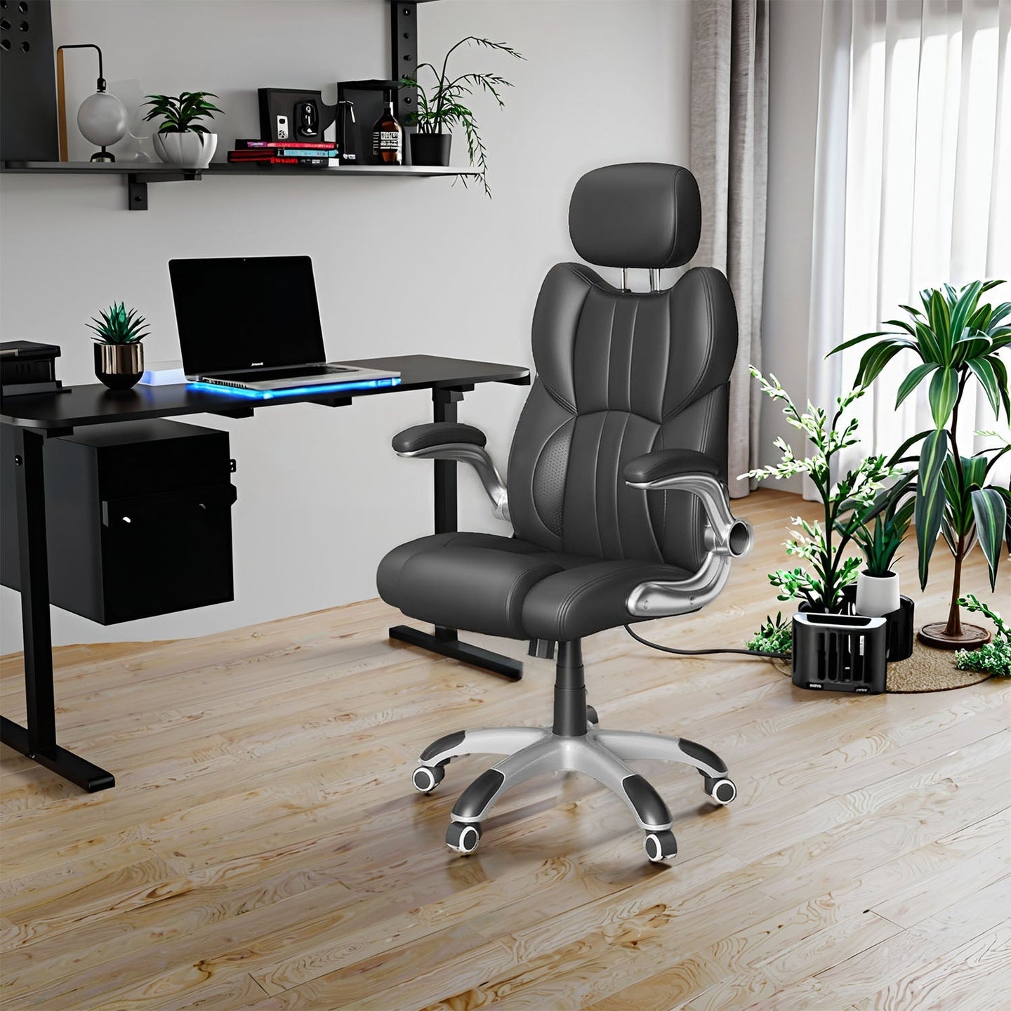 Ergonomic Gaming Office Chair - PU Leather - Black - Adjustable Headrest and Foldable Armrests