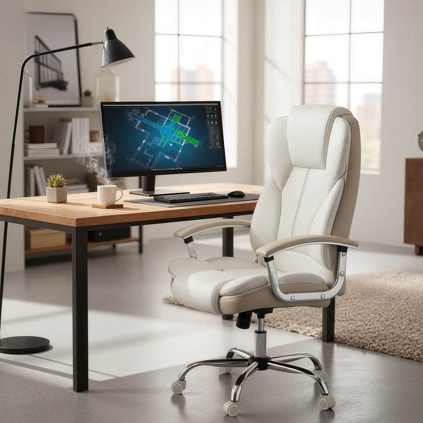 Office Chair - PU - White - High Back with Tilt Function and Armrests
