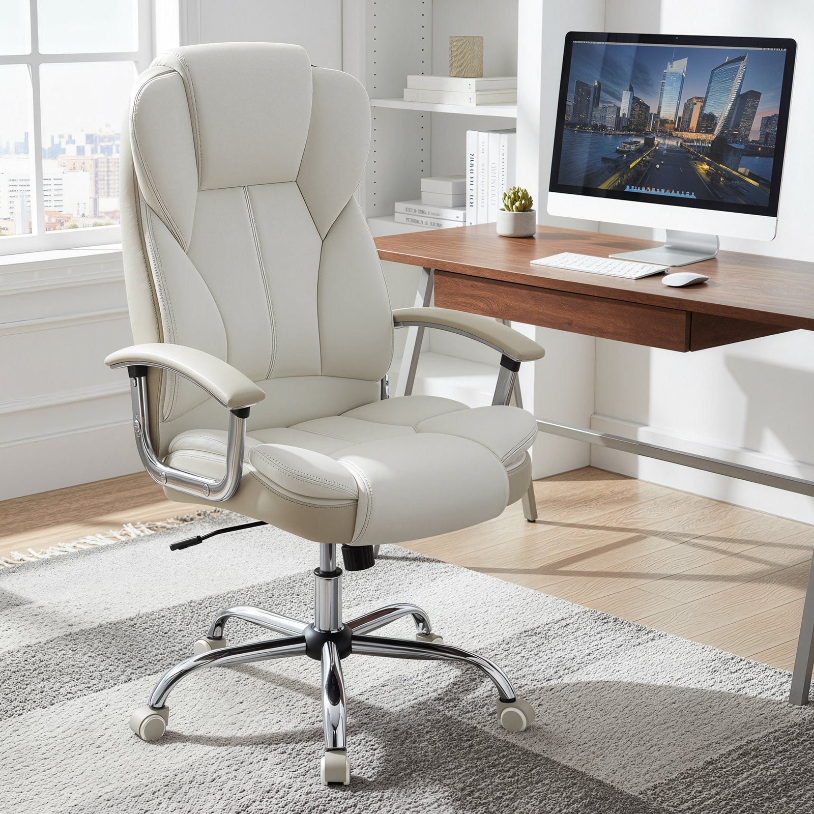 Office Chair - PU - White - High Back with Tilt Function and Armrests