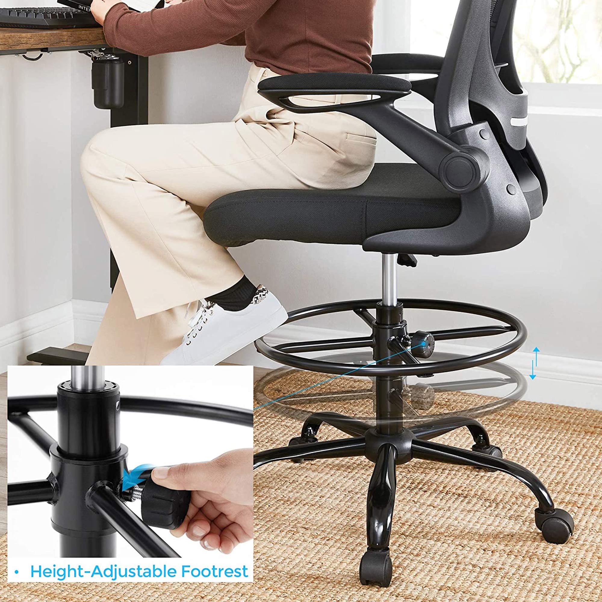 Drafting Chair - Mesh - Black - Ergonomic with Height Adjustable Lumbar Support and Footrest