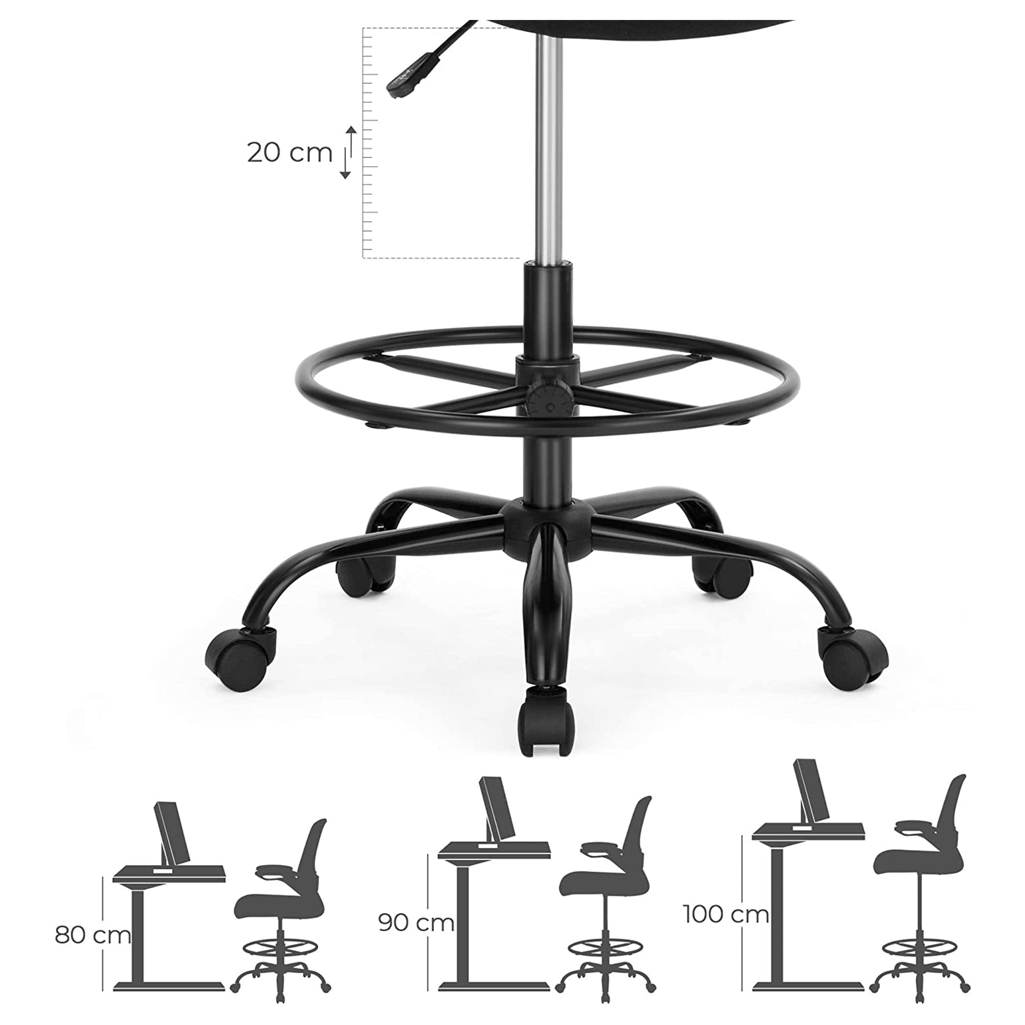 Drafting Chair - Mesh - Black - Ergonomic with Height Adjustable Lumbar Support and Footrest
