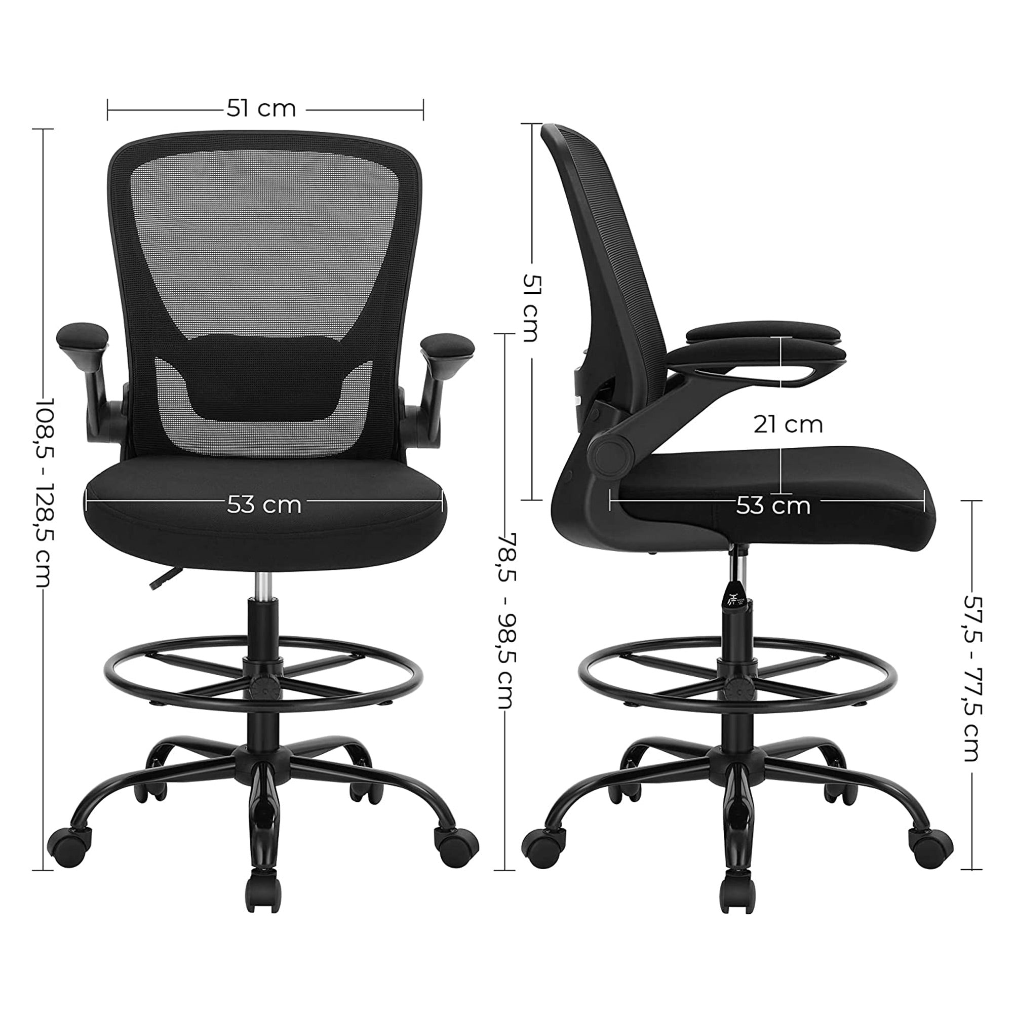 Drafting Chair - Mesh - Black - Ergonomic with Height Adjustable Lumbar Support and Footrest