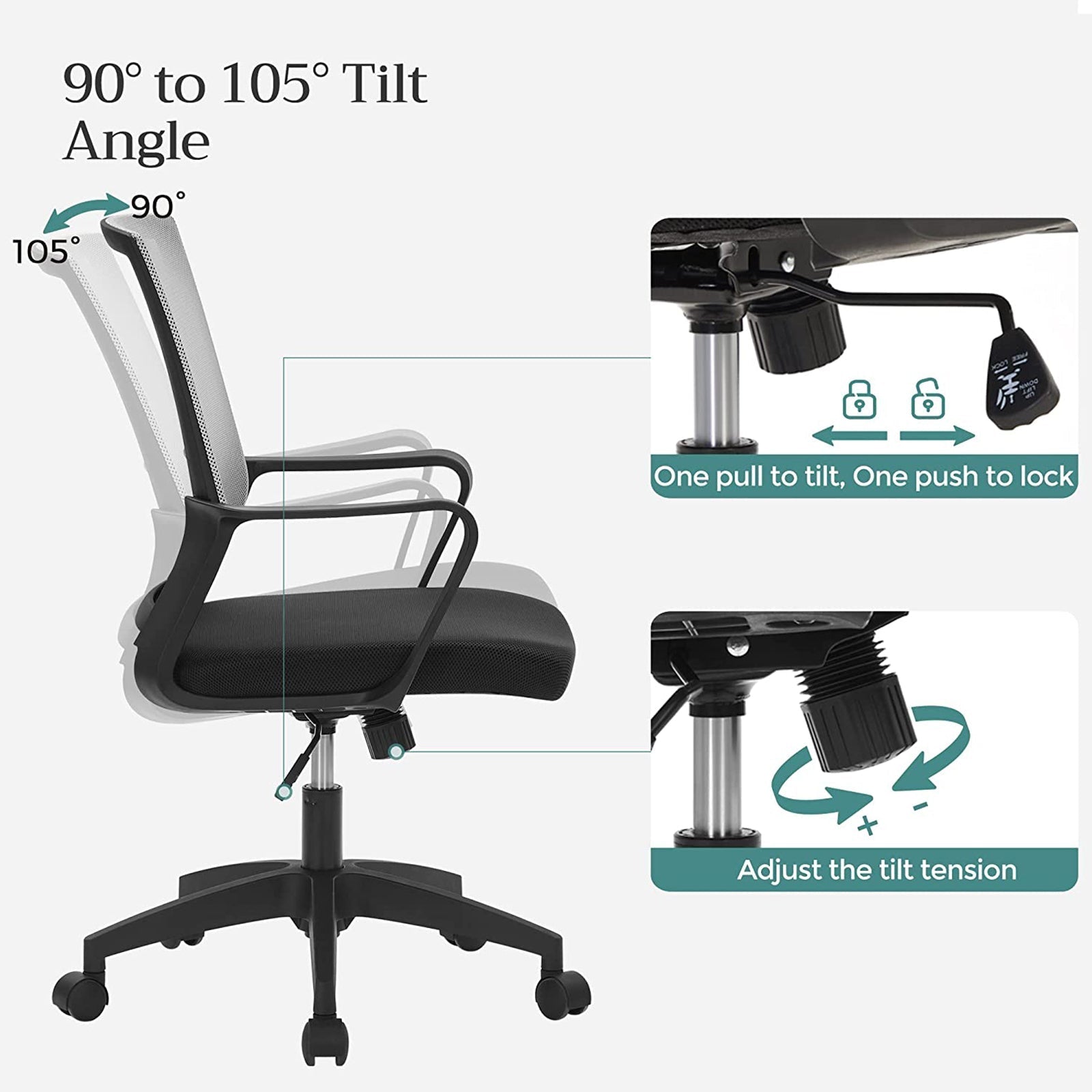 Adjustable Swivel Office Chair - Mesh - Grey - Tilt Function