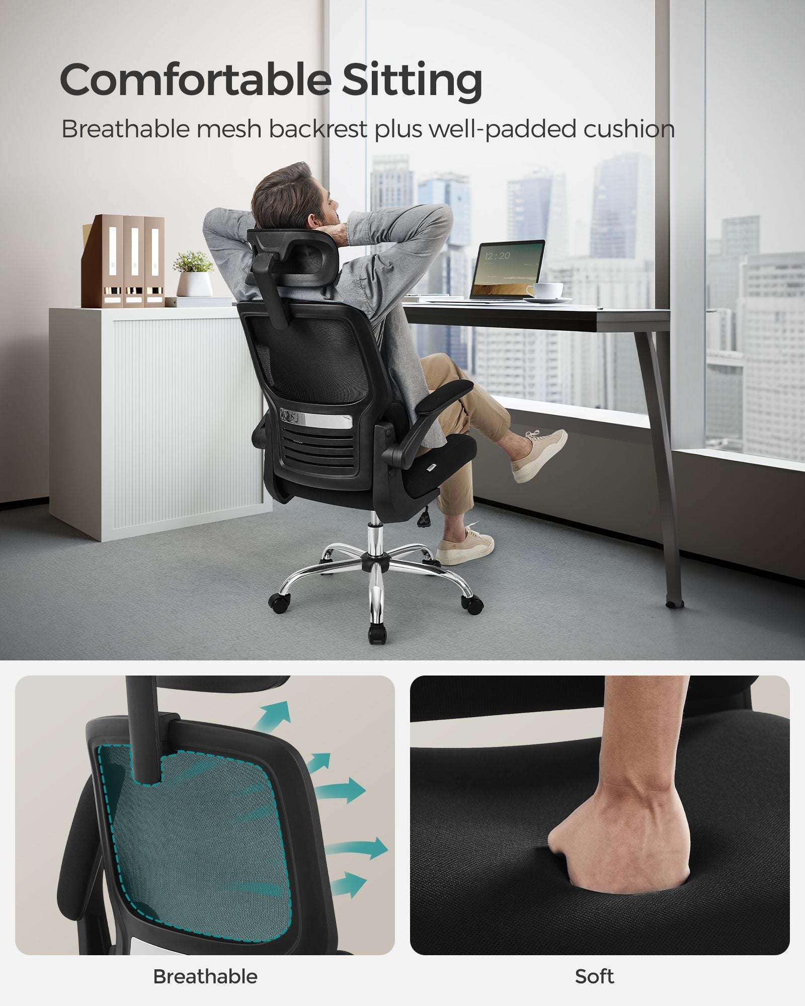Ergonomic Office Chair - Mesh - Ink Black - High Back with Foldable Armrests and Adjustable Headrest