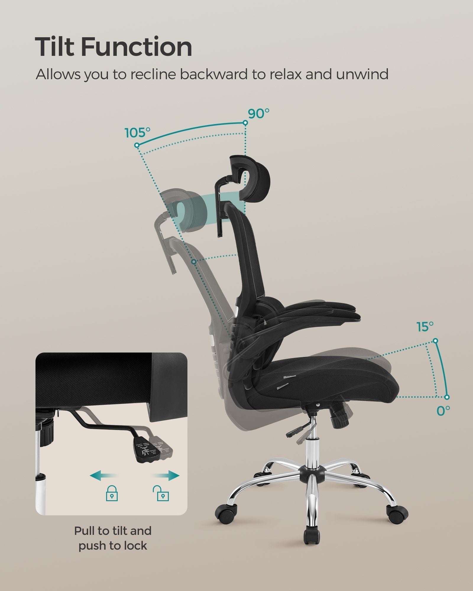 Ergonomic Office Chair - Mesh - Ink Black - High Back with Foldable Armrests and Adjustable Headrest