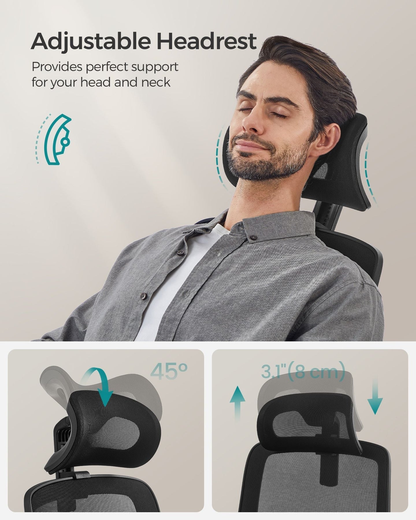 Ergonomic Office Chair - Mesh - Ink Black - High Back with Foldable Armrests and Adjustable Headrest
