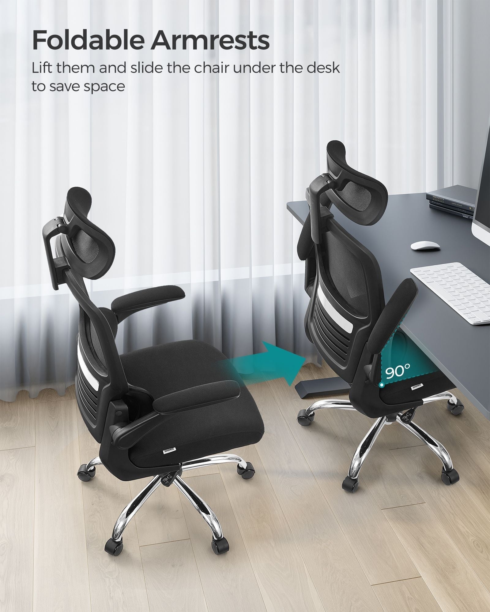 Ergonomic Office Chair - Mesh - Ink Black - High Back with Foldable Armrests and Adjustable Headrest