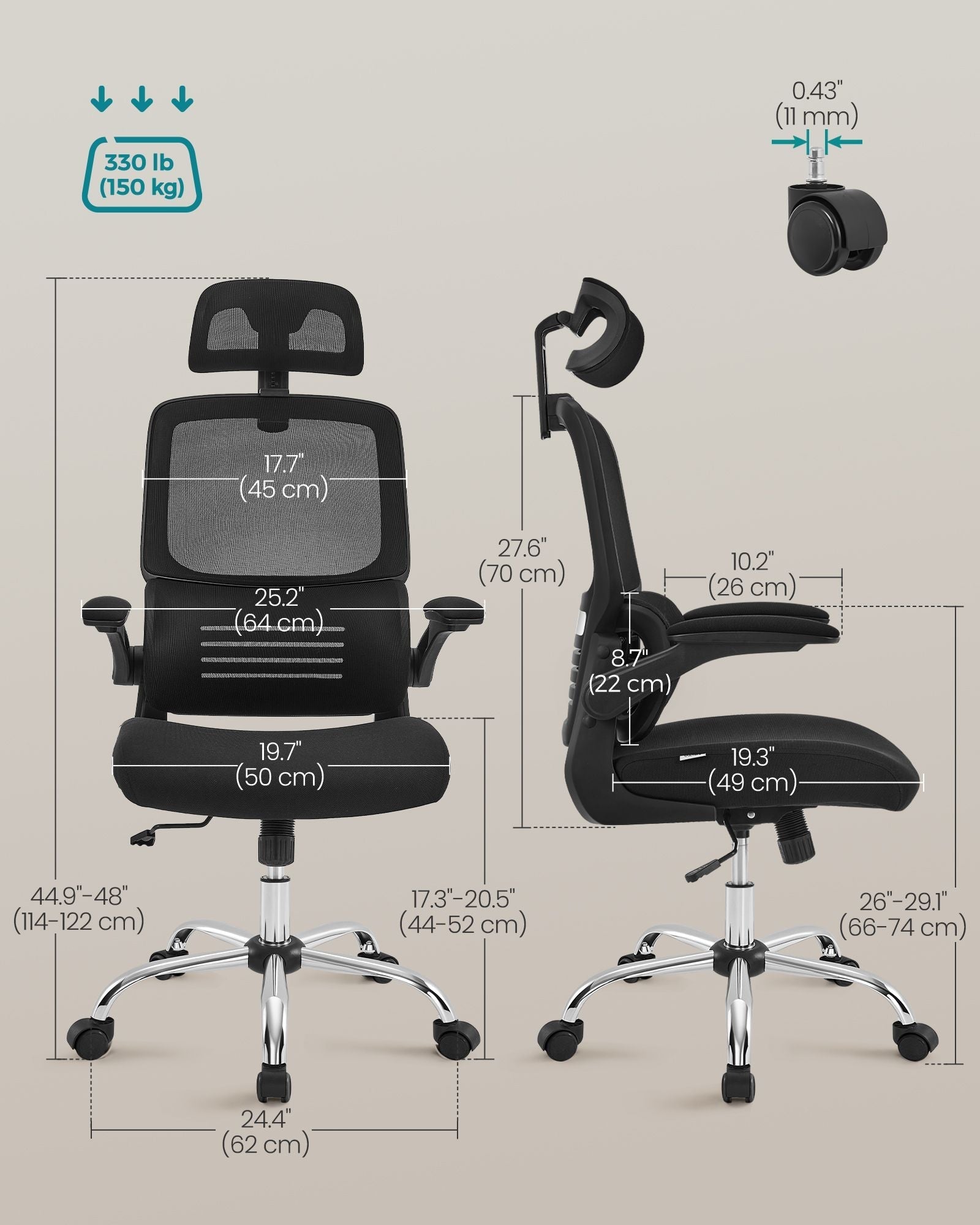 Ergonomic Office Chair - Mesh - Ink Black - High Back with Foldable Armrests and Adjustable Headrest
